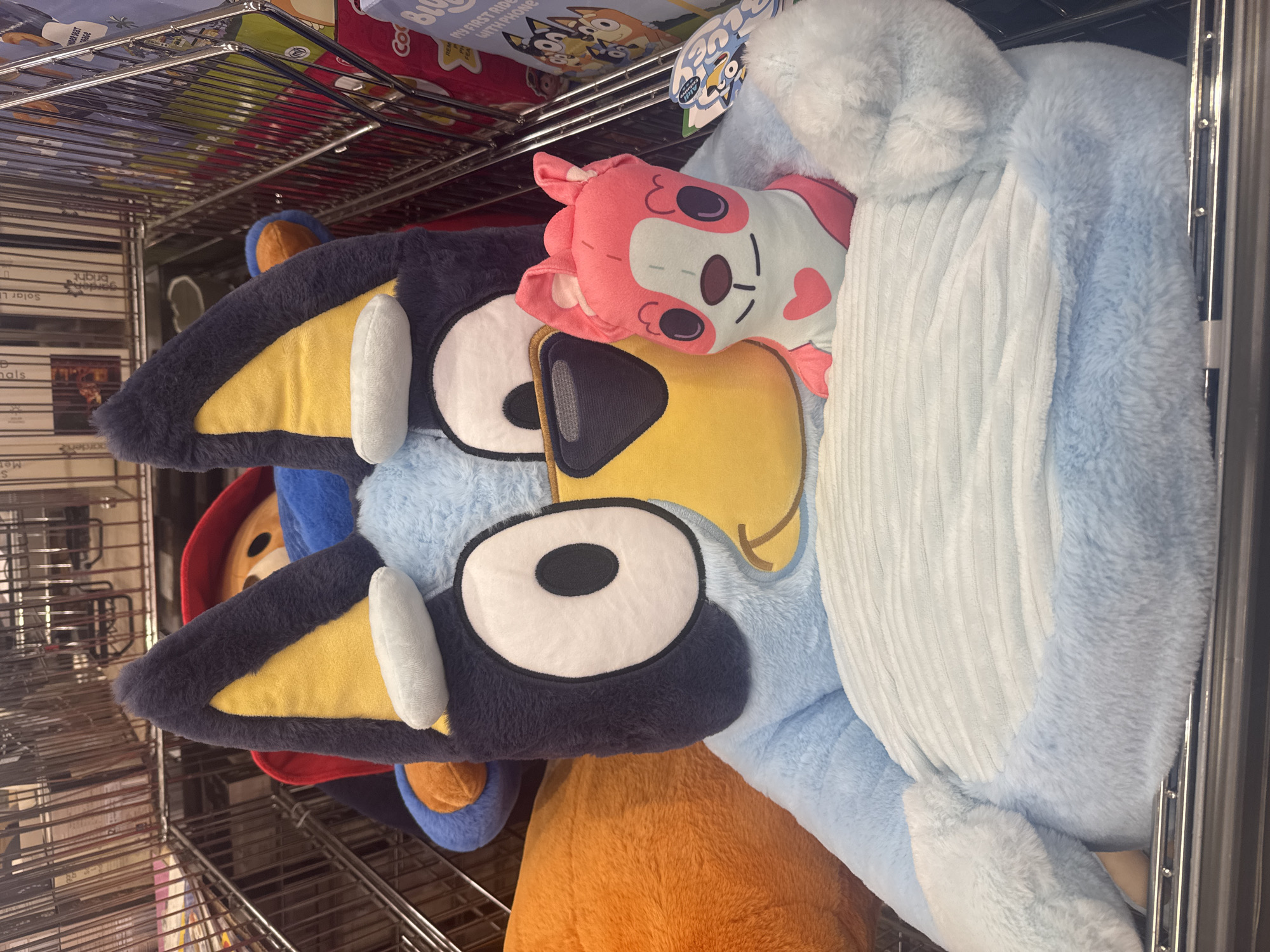 The image shows a shelf in what appears to be a store, possibly in Welshpool, United Kingdom (as suggested by OCR). On the shelf, there are several plush toys. The most prominent is a large Bluey plush toy. Next to Bluey is a smaller, pink plush toy with a white face and dark spots around the eyes. Other plush toys are partially visible behind Bluey, including one in orange. There are boxes stacked on shelves above the plush toys. The shelves are wire racks.