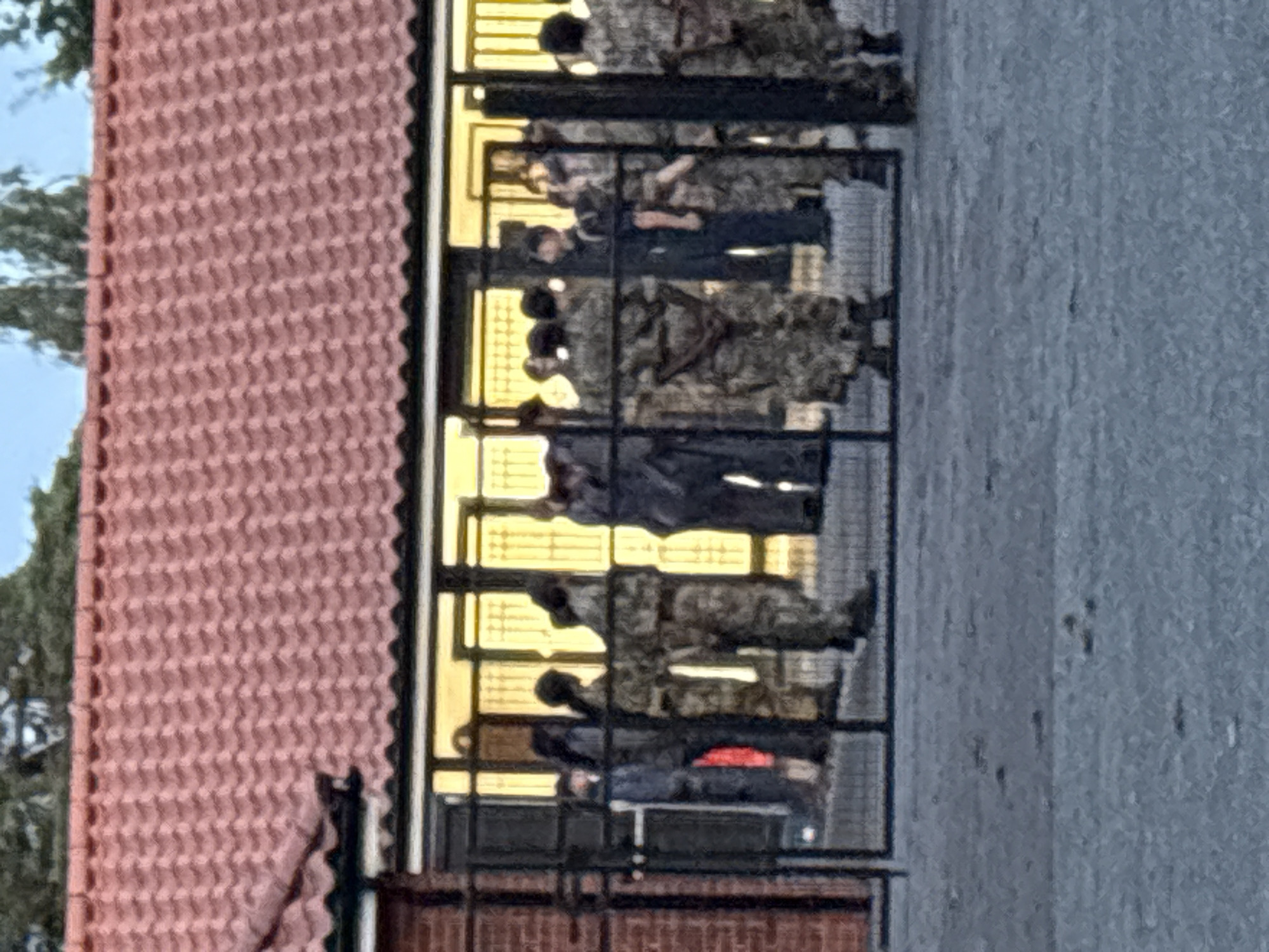 The image depicts a group of individuals, predominantly in military uniform with camouflage patterns, standing in front of a building with a red tiled roof. The individuals are positioned behind a black metal fence or gate. Some are facing towards the building, while others appear to be in conversation or interacting with each other. The building has large windows or glass doors that are illuminated from within, suggesting an indoor environment. The foreground shows a paved or gravel area. The overall scene suggests an outdoor gathering or waiting area associated with the building. There is no indication of the specific location within Chelmsford, United Kingdom.
