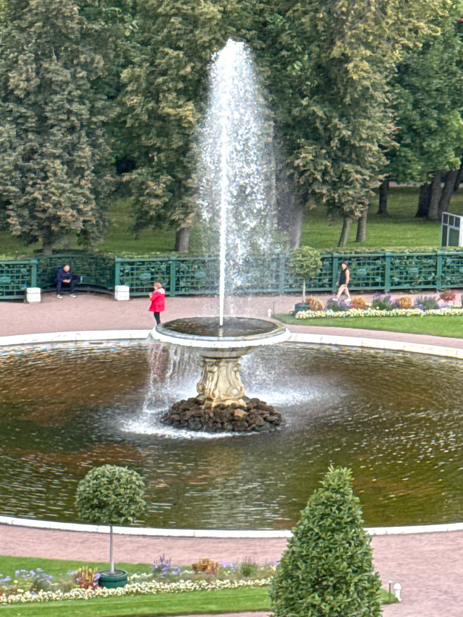 This is a medium-shot, outdoor, eye-level view of a large fountain in Peterhof, Russia. The fountain is in the center of the frame, with its water spray reaching high into the air. The fountain basin is surrounded by a paved area, and beyond that, there is a manicured lawn with flowerbeds and trees. In the background, there are more trees and a decorative green fence. Two people are visible in the scene: a man sitting on a bench on the left, and a woman in a red coat standing near the fountain. A second person, wearing a dark vest and light-colored pants, is walking along the path to the right of the fountain. The overall scene depicts a park or garden setting.