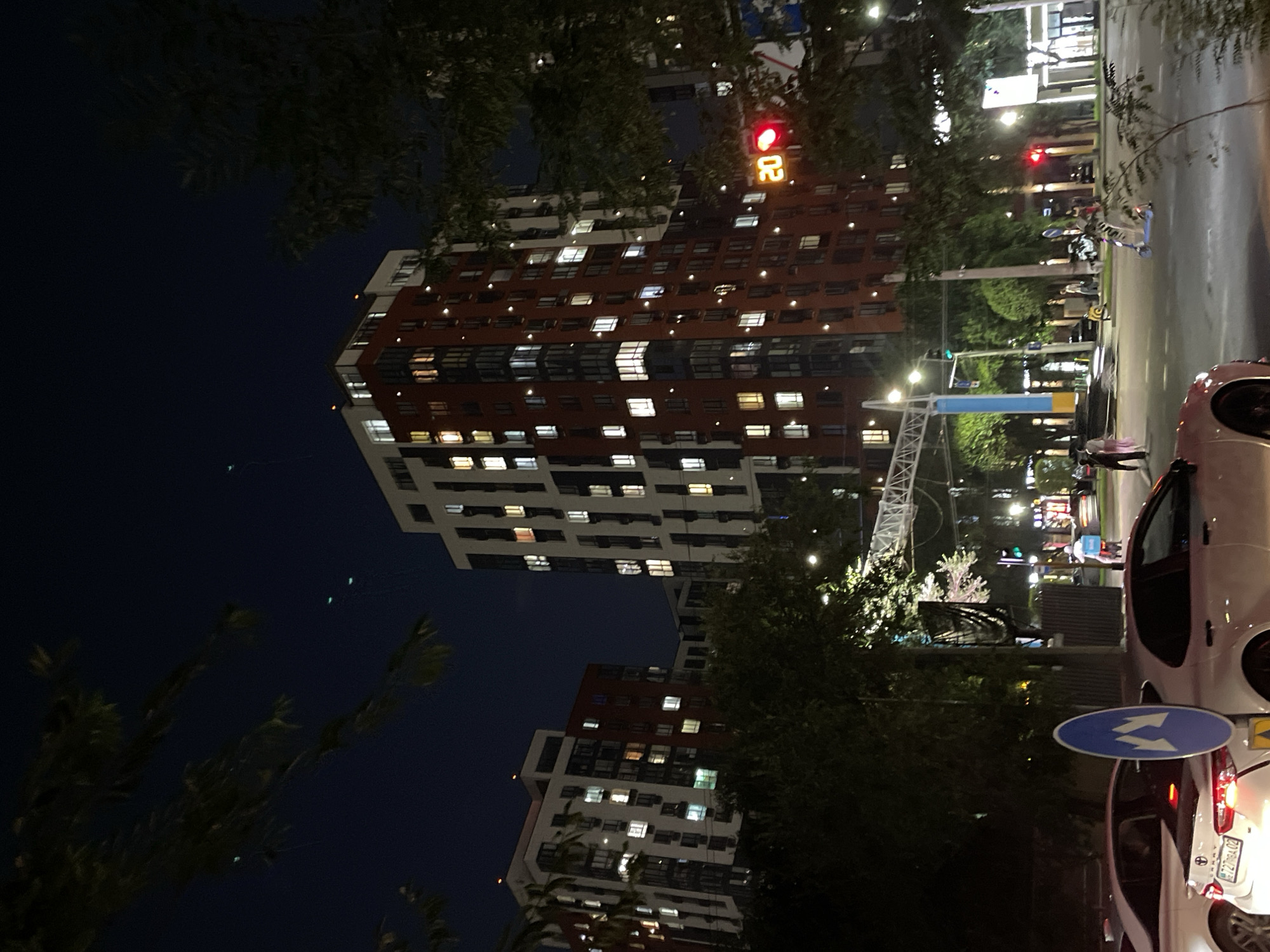 This is a nighttime, eye-level, medium shot of a street in Almaty, Kazakhstan, featuring modern apartment buildings and urban infrastructure. The primary focus is on two tall residential buildings, one predominantly white with darker accents and many illuminated windows, and the other a striking reddish-brown and white structure, also filled with light from its windows. Trees with dark foliage frame the scene on the left and right. In the foreground, the rear of a white car is visible, its taillights illuminated. A blue traffic sign with two white arrows pointing left and right is positioned to the left of the car. Across the street, there is a traffic light showing a red signal and a digital timer displaying "20". Pedestrians are scattered along the sidewalk and crossing the street. A person on a scooter is visible in the middle ground. The sky is dark, indicative of nighttime.