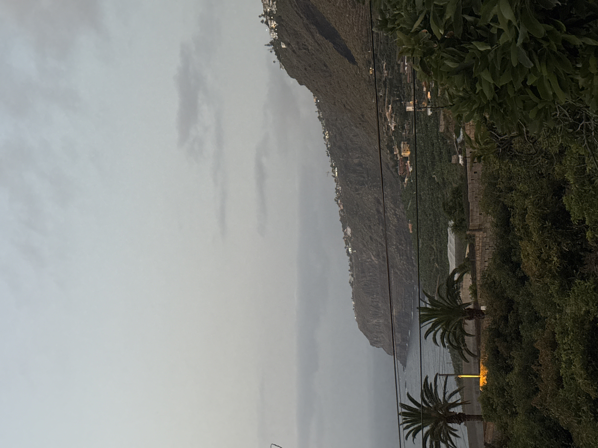 The image depicts a coastal landscape with a steep, vegetated cliff face overlooking the ocean. A small village or settlement is scattered along the upper part of the cliff, with houses featuring white roofs. The sky is overcast with a pale gray hue. In the foreground, two palm trees are visible, with dense green foliage below them. A bright yellow light emanates from behind the palm trees. The sea is calm and appears a muted gray color, blending with the hazy horizon. Electrical wires are strung across the middle ground, obscuring parts of the view of the cliffside settlement and the ocean. The overall impression is one of a somewhat subdued, late afternoon or early morning scene in a tropical or subtropical coastal region. The location is identified as Unknown, Unknown.