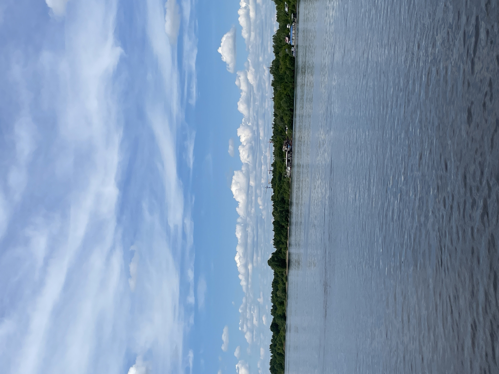 The image displays a tranquil riverine landscape under a clear, cloudy sky. The horizon line runs horizontally across the middle of the frame.
The upper portion of the image is dominated by a bright blue sky filled with a mix of clouds. To the left, there are soft, streaky white clouds, possibly cirrus, stretching across the expanse. Closer to the horizon and towards the right, more distinct, fluffy white cumulus clouds are scattered, casting gentle shadows.
Below the sky, a lush, green tree-lined bank stretches horizontally across the scene. The trees are dense and dark green, suggesting a forested area along the river. Small, indistinct structures, possibly houses or other buildings, are faintly visible nestled within or behind the trees at various points along the bank, particularly in the middle distance.
The lower right portion of the image is occupied by a wide body of water, which appears to be a calm river. The water's surface is a muted blue-grey, with subtle ripples and reflections indicating a gentle flow. The texture of the water suggests a quiet, undisturbed environment.
The scene depicts a peaceful natural setting, likely during the daytime, under pleasant weather conditions with sunshine and scattered clouds. No people or specific activities are visible. The landscape is consistent with a large river and forested banks found in regions like Perm, Russia, hinting at the Kama River or a similar waterway. There is no visible text in the image.