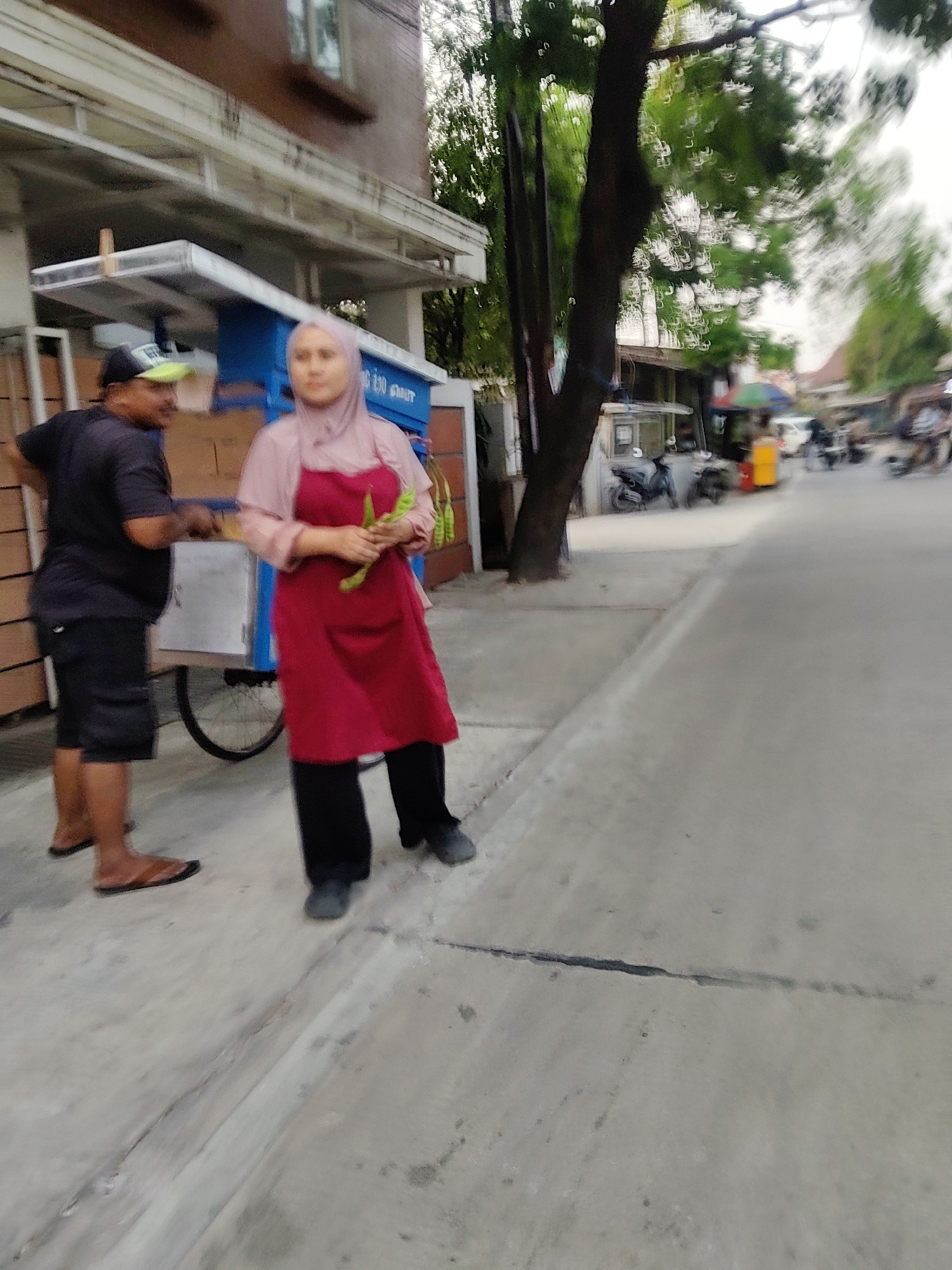 In the city of Mekarmukti, Indonesia, a street scene unfolds with two individuals interacting near a food cart. On the left, a man wearing a black t-shirt, black shorts, and brown flip-flops stands with his back partially to the camera, facing towards the food cart. He appears to be in conversation with the woman. To his right, a woman wearing a light pink hijab, a pink long-sleeved shirt, and a dark red apron stands holding a bunch of green vegetables, possibly petai, in her right hand. She is wearing black pants and dark shoes. They are positioned on a concrete sidewalk adjacent to a paved street. Behind them, a blue and white food cart on wheels is visible. The cart has a canopy and appears to be stocked with items. In the background, trees and buildings line the street, with a few motorcycles and a distant vehicle suggesting a typical urban environment. The overall lighting suggests it is daytime, possibly late afternoon or early evening. The ground is concrete with some visible cracks.
