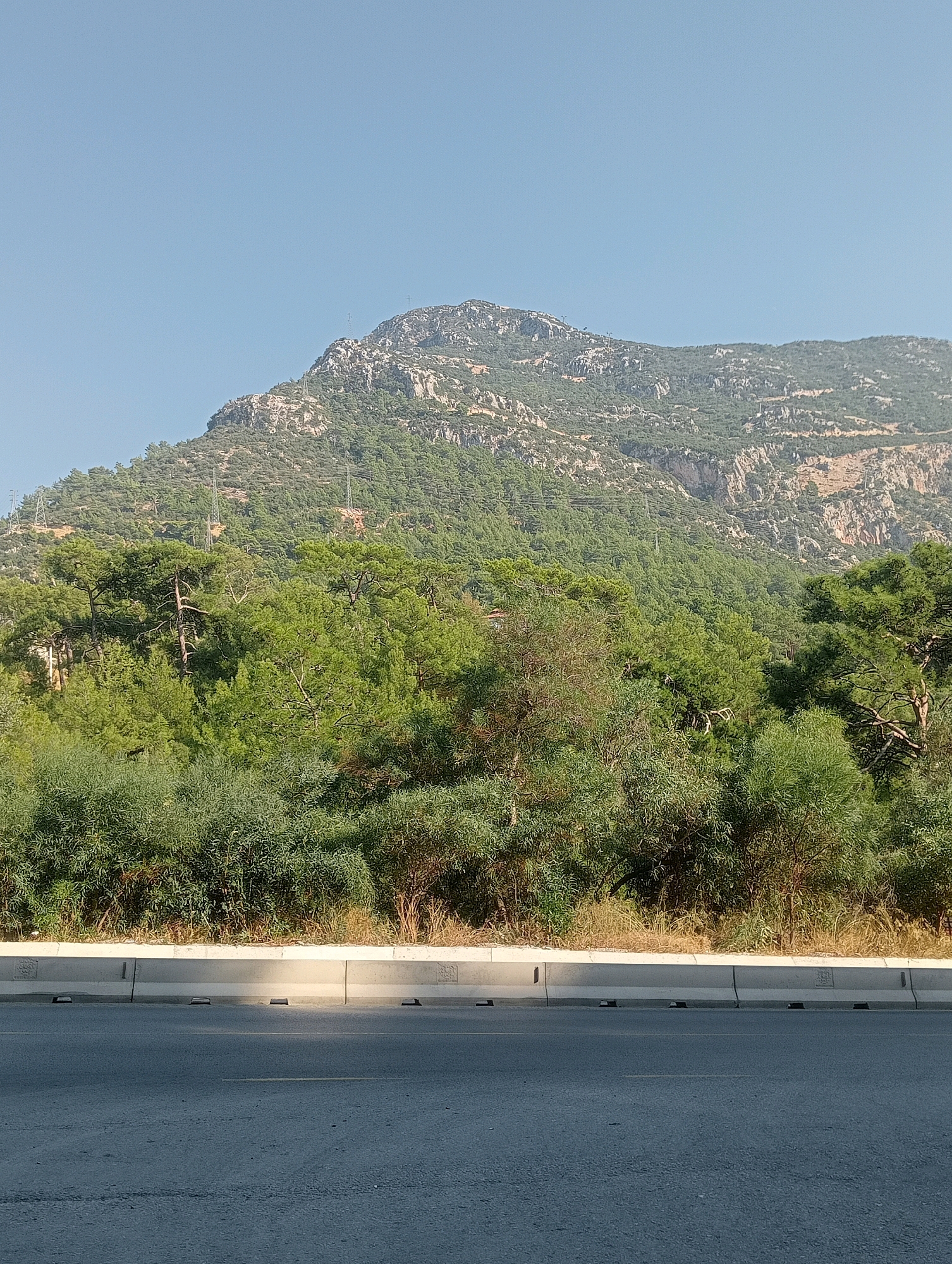 The image shows a mountainous landscape with dense green vegetation covering the slopes. A clear blue sky stretches above the mountains. In the foreground, there is an asphalt road with a concrete barrier separating it from the vegetation. The scene appears to be a roadside view in a natural environment, possibly in Fethiye, Turkey, known for its scenic mountain and coastal areas. There are no people or animals visible in the image. The overall impression is one of a natural, undeveloped landscape adjacent to a modern road infrastructure.