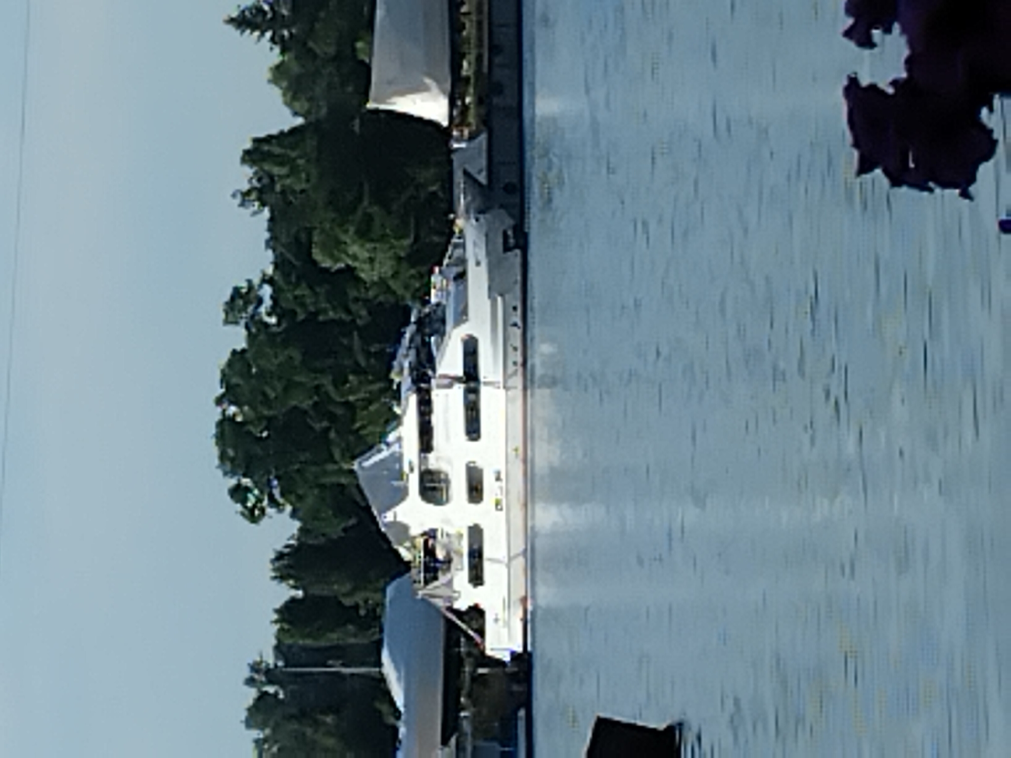 The image shows a white multi-deck boat docked on a calm body of water, likely a river or canal. The boat has a sleek, modern design with numerous windows and what appear to be passenger decks. Behind the boat, lush green trees form a dense line along the shore, suggesting a natural or park-like setting. The sky is a pale, hazy blue, indicating it's daytime, possibly late morning or early afternoon, with possibly overcast conditions given the muted light.
A large sail from another boat is visible on the left side of the frame, its white fabric taut and angled against the sky. In the foreground, the water has a textured, rippled surface, reflecting the light and creating a slightly abstract pattern. On the far right of the image, a dark, amorphous shape emerges from the water, its texture suggesting it could be a piece of debris or a submerged object.
The overall impression is one of a peaceful, possibly leisurely scene. There are no people clearly visible, but the presence of the docked boat and the sail suggests maritime activity. The location context of Kyiv, Ukraine, might imply this is a scene on the Dnipro River or one of its tributaries, a common setting for leisure boats and waterfront activities. There is no visible text in the image.