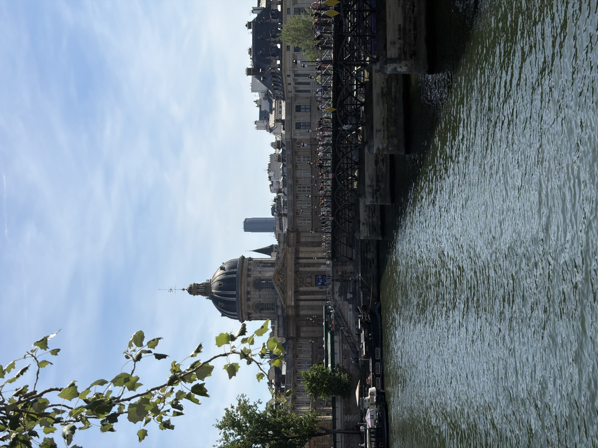 The image shows a scene in Paris, France. The Institut de France, with its distinctive dome, is a prominent feature on the left side of the image. The Seine River flows through the foreground, and a bridge is visible in the middle of the image, with people visible on the bridge. Some boats are docked along the riverbank, which is in the middleground. A cluster of leaves are in the bottom left corner. A skyscraper can be seen in the background. The sky is blue with some clouds.