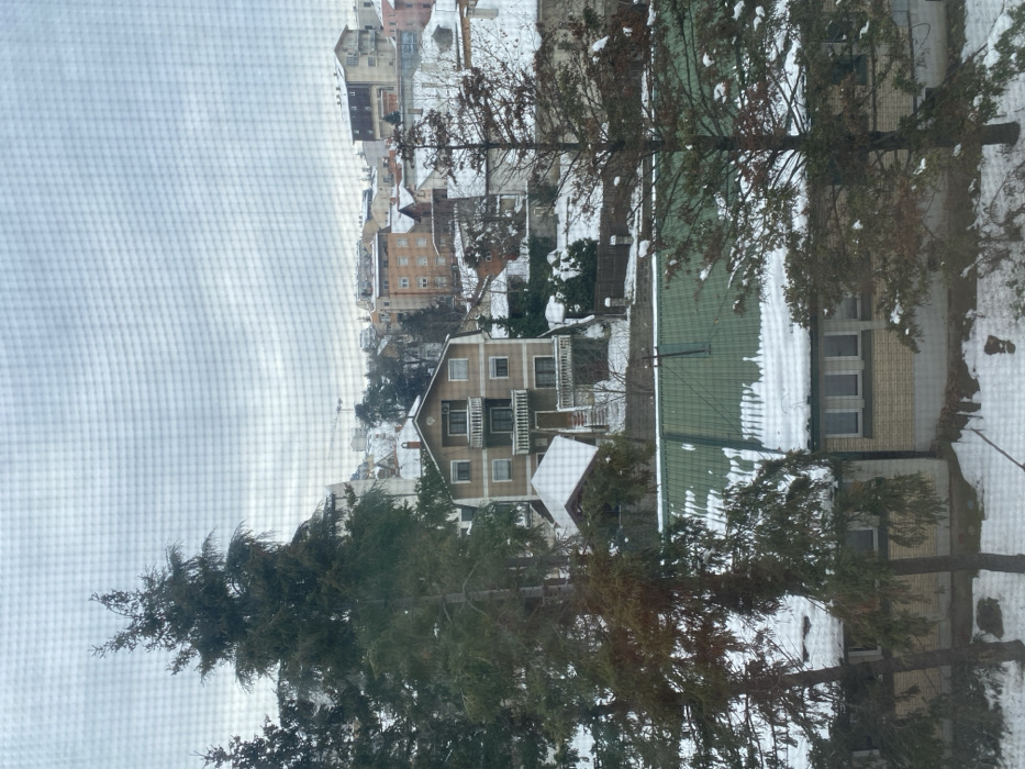 The image depicts a snow-covered urban residential landscape in Vozdovac Urban Municipality, Serbia, viewed through a window screen, which imposes a visible grid pattern across the scene. The environment is characterized by winter conditions with a fresh layer of snow blanketing the ground, rooftops, and tree branches.
In the foreground and mid-ground, several tall coniferous trees, some with snow adhering to their needles, frame the view. Below these trees, a building with a prominent green corrugated metal roof and brick walls, partially covered in snow, extends across the lower portion of the frame.
Further into the mid-ground, on a sloping terrain, a multi-story residential building with a beige facade and multiple dark-colored balconies is centrally visible. Below it, a smaller structure with a peaked, snow-dusted roof is situated. Surrounding these are additional residential structures of varying sizes and architectural styles, all topped with snow. The houses are dispersed across the undulating topography of the urban municipality.
The background reveals a densely packed urban area with numerous multi-story buildings, also snow-dusted, extending towards an overcast, light gray sky. A construction crane is faintly visible on the distant horizon. No people are present or identifiable, and no discernible actions or interactions are occurring within the static scene.