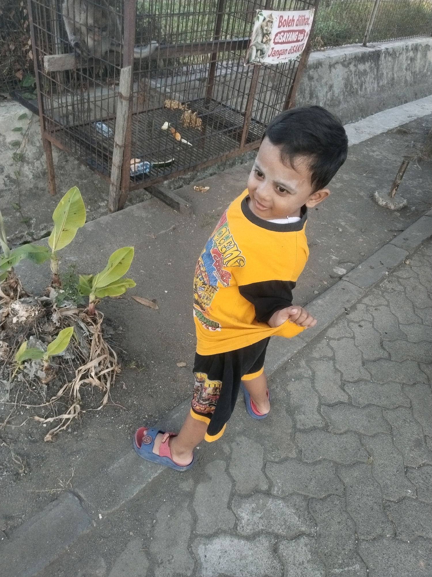 A young boy with a playful expression is standing on a paved walkway in front of a metal cage. He is wearing a bright yellow shirt with black sleeves and black shorts with yellow trim. His left hand is pulling up the hem of his shirt. He has white powder applied to his forehead and cheeks. The cage appears to be an enclosure for an animal, possibly a monkey, as one is partially visible inside. There is a sign attached to the cage with text that is partially obscured. To the left of the boy, a small banana plant with green leaves is growing in a pile of debris. The ground is paved with interlocking concrete blocks. The overall environment suggests an outdoor setting in a public area, possibly a zoo or a similar facility in Pepelegi, Indonesia.