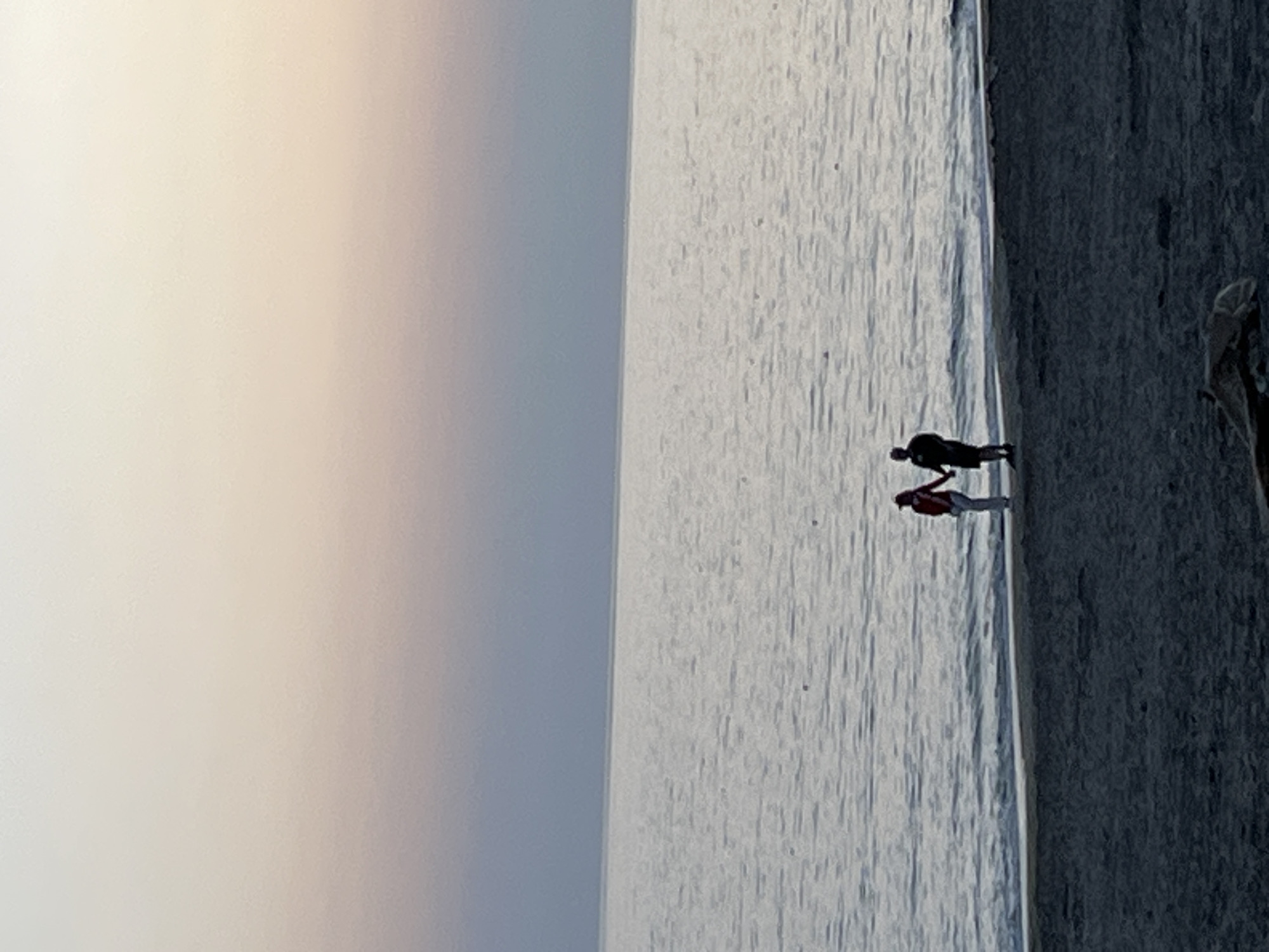 A photograph depicts a seascape under a cloudy sky. The sea transitions into a shoreline, where two individuals are visible. One individual, dressed in dark clothing, is positioned slightly ahead of another wearing a red top. They appear to be interacting or walking together along the edge of the water. Debris is scattered on the shoreline. The location is Alanya, Turkey.