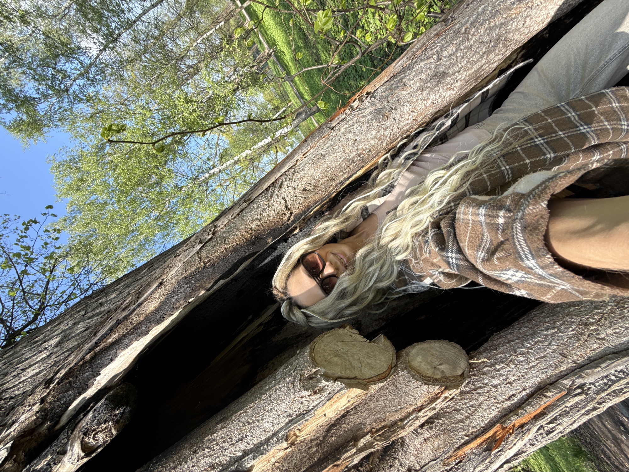 A woman with long blonde hair is lying inside a hollowed-out tree trunk. She is wearing sunglasses and a brown plaid shirt. The tree trunk has visible burn marks on its inner surface and cut sections on the bottom. The background shows green grass and trees, with a blue sky visible through the branches. Based on the location of the city of Rusanovo, Russia, it is possible this scene is in a wooded area.