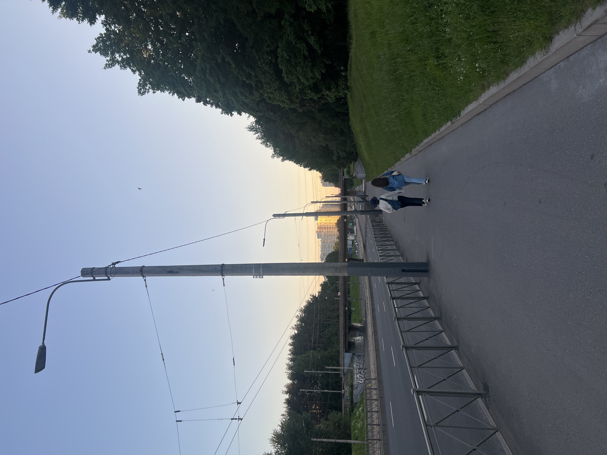 This image depicts an urban scene on Narodnaya Ulitsa in Saint Petersburg, Russia, specifically near the railway overpass. The time of day is late afternoon or early evening, evidenced by the clear sky transitioning from light blue overhead to a pale orange-yellow gradient at the horizon.
In the foreground, an asphalt sidewalk occupies the right side of the frame, bordered by a concrete curb and a gently sloping grassy embankment containing scattered small white flowers. Separating the sidewalk from the road is a dark grey metal barrier fence with a diagonal lattice pattern.
To the left, a multi-lane asphalt road extends into the distance, marked with white lane lines. A prominent, tall grey utility pole stands on the left side of the sidewalk, supporting a streetlight fixture that angles towards the road, along with multiple overhead electrical wires, indicative of a trolleybus or tram route. A legible "001" is marked vertically on this pole. Further down the road, another streetlight is visible on a similar pole.
In the midground, a concrete overpass/bridge spans across the road, with its support structures displaying dark graffiti. Dense, mature trees line both sides of the road and cover the embankment beyond the sidewalk, forming a green barrier.
In the background, beyond the trees and overpass, urban residential buildings are visible. A particularly prominent multi-story, light-colored building stands out, reflecting the ambient light of the setting sun.
Two individuals, seen from behind, walk side-by-side on the sidewalk towards the distant buildings. The person on the left wears a dark wide-brimmed hat, a light-colored long-sleeved jacket, dark trousers, and carries a blue shoulder bag. The person on the right wears a blue denim jacket, light-colored trousers, and carries a light-colored shoulder bag. Both are walking in unison on the paved path. A small, dark bird is faintly visible in the upper right sky.