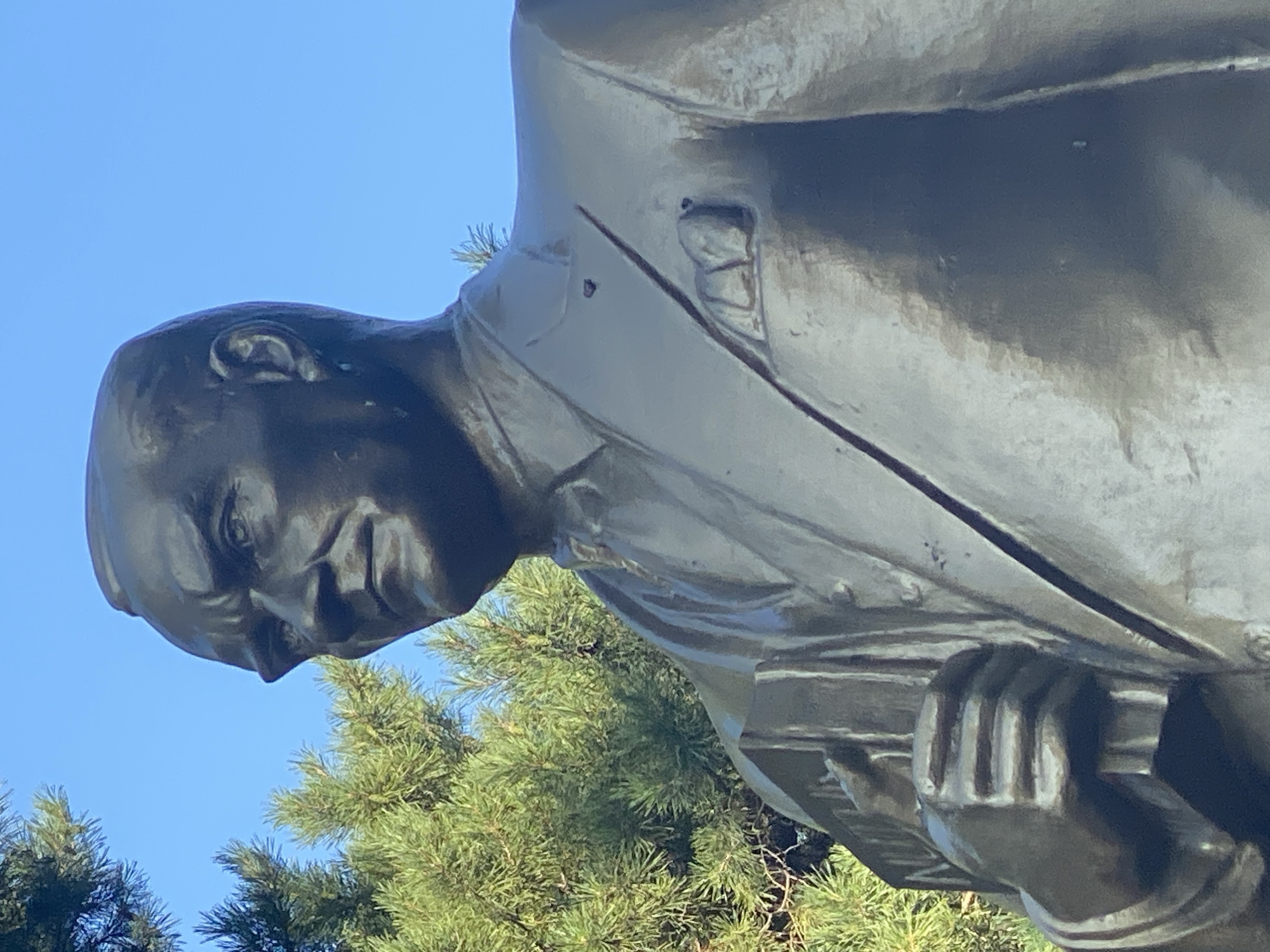 A close-up, low-angle shot shows a bronze statue of a man in a suit holding a book. The statue is positioned in front of a backdrop of green pine trees and a clear blue sky. The statue is dark bronze in color and features intricate details such as the man's suit, tie, pocket square, and the book in his hand. The man's face is depicted with a stern expression. The statue is located in Bishkek City, Kyrgyzstan, specifically at Ala-Too Square, a central public square.