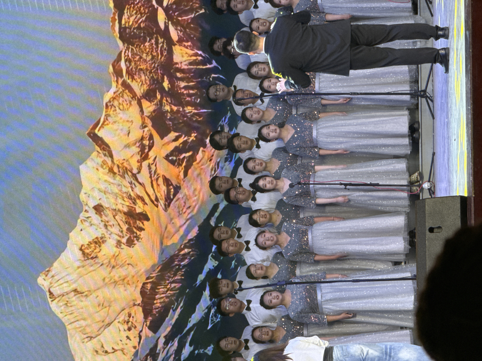 This image captures a choir performance taking place on an indoor stage, likely in Guta, China. A conductor, dressed in a dark suit, stands at the front, his back partially to the viewer, leading a mixed choir. The choir consists of approximately 15-20 individuals, arranged in multiple rows, with their faces largely visible and focused towards the conductor.
The female choir members wear sparkling silver-grey long-sleeved tops paired with long, flowing silver or white skirts. The male members are uniformly dressed in white shirts with black bow ties and dark trousers. Each singer has a microphone on a stand in front of them, suggesting an amplified performance.
Behind the choir, a large projection or screen displays a dramatic, rugged mountainous landscape. The projected image features warm, earthy tones of gold, brown, and orange, depicting textured rock formations and peaks against a lighter, possibly blueish or hazy background, reminiscent of an arid or desert region. This scenic backdrop adds a thematic element to the performance.
The stage area is well-lit, highlighting the performers and their attire. The presence of an audience member's head partially visible in the bottom right corner indicates a live event or concert. The overall atmosphere conveys concentration and artistic presentation. There is no visible text in the image.