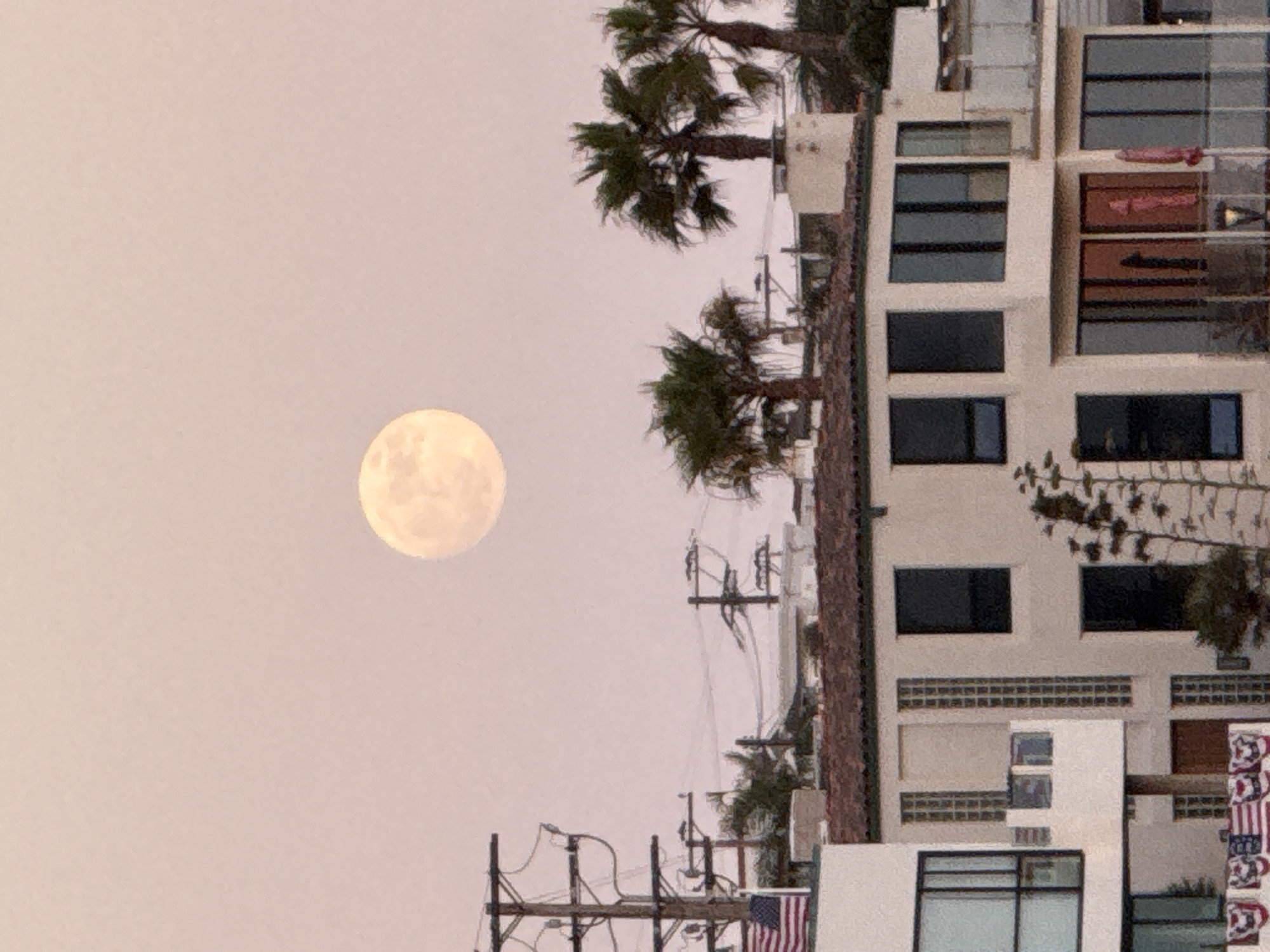 The image shows a full moon in a pale pink sky above a residential area with palm trees and a modern house. Utility poles with wires are visible in the foreground. The house has multiple levels with large windows and a balcony. An American flag is displayed on a pole on the left side of the house. The image appears to be taken in Manhattan Beach, California, United States.
