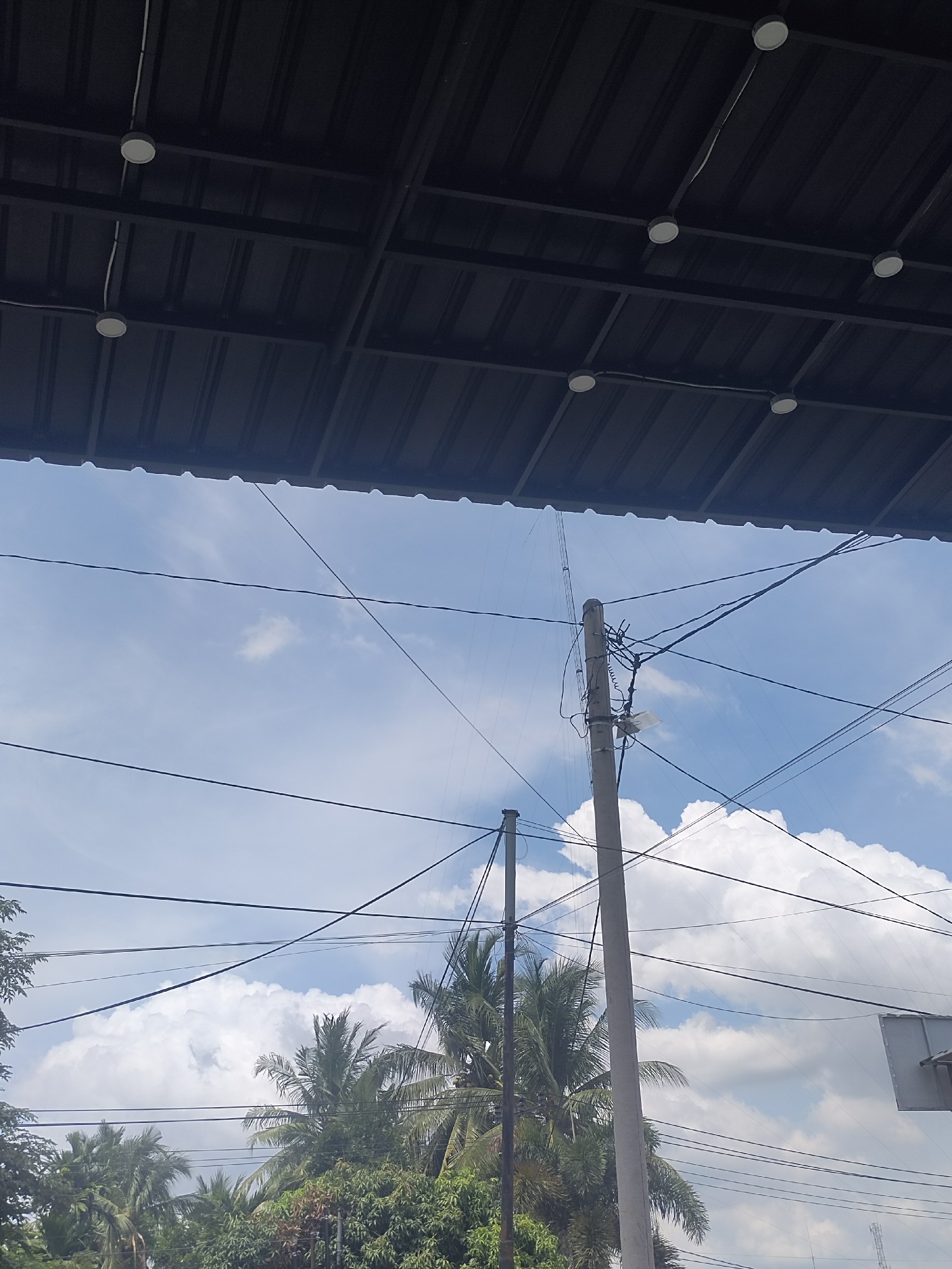 The image captures an upward-facing perspective from beneath a dark, corrugated metal roof structure, likely an overhang or awning. Several circular, white light fixtures are affixed to the underside of this roof, connected by visible wiring.
Below the roof, a bright blue sky with scattered white cumulus clouds fills the background, indicating clear daytime weather. Numerous dark utility lines and cables crisscross the sky, extending horizontally and diagonally across the frame.
In the mid-ground, a prominent, thick concrete utility pole stands on the right side of the image, laden with a dense network of wires, insulators, and what appears to be a street light fixture attached to its side. A thinner, dark utility pole is visible slightly to its left and further back. The lower portion of the image reveals abundant green tropical vegetation, including several distinct palm trees, growing beneath and behind the utility infrastructure. The scene depicts a blend of urban utilities and natural tropical environment, consistent with the location of Meunasahaluedrienlhoksukon Barat, Indonesia. No human activity or visible text is present.