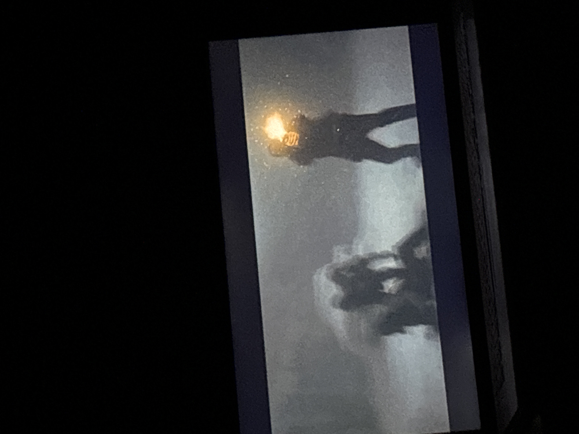 The media file displays a photograph of a screen, likely a television or monitor, showing a dark, atmospheric scene. The image on the screen features the silhouette of a person, seen roughly from the waist up, standing against a hazy, light grey background. This individual holds a bright, glowing object in their hands, which emits a vivid orange-yellow light, illuminating the upper part of their body. Below the primary figure, another dark, less defined silhouette or mass appears, possibly suggesting a second figure, an object, or an environmental element like smoke or fog.
The overall scene on the screen evokes a sense of mystery or suspense, with the single light source cutting through what appears to be a dark or low-visibility environment, possibly at night or in very dim conditions. The style suggests a frame from a movie, video game, or artistic visual. The photograph itself is taken in a very dark setting, with the screen providing the main light source, highlighting its dark borders.
No visible text or specific identifying marks are present within the displayed content. The photograph was taken in Budva, Montenegro.