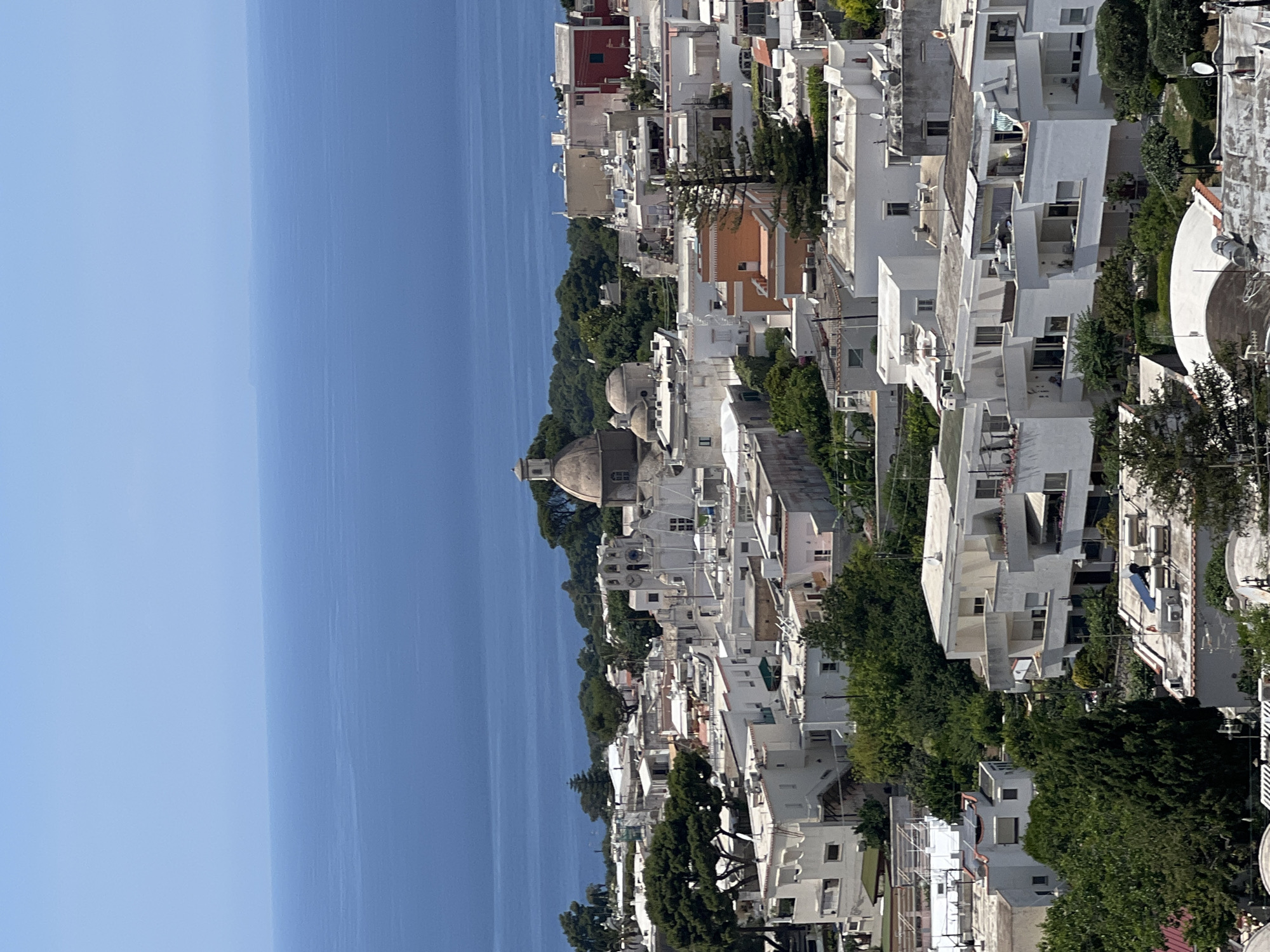 This image captures a scenic overview of Anacapri, Italy, overlooking the Tyrrhenian Sea. The foreground is dominated by a dense cluster of white-washed buildings with flat roofs, characteristic of Mediterranean architecture. Many of these buildings feature balconies and terraces, some adorned with potted plants and awnings. Lush green trees and vegetation are interspersed throughout the urban landscape, adding a vibrant contrast to the white structures.
In the mid-ground, a prominent church complex stands out with its distinctive domes and bell tower. The largest dome is a light brown color, while smaller domes are also visible. The church's facade is white with architectural details. Beyond the church, more buildings and dense greenery extend towards the horizon.
The background is dominated by the vast expanse of the deep blue Tyrrhenian Sea, stretching to meet a pale blue sky. The sea appears calm with subtle ripples. In the far distance, a faint outline of land is visible on the horizon, suggesting other islands or the Italian mainland. The overall impression is one of a sun-drenched coastal town in Italy, bathed in clear daylight. There are no discernible people or specific actions captured in this high-angle, panoramic view.