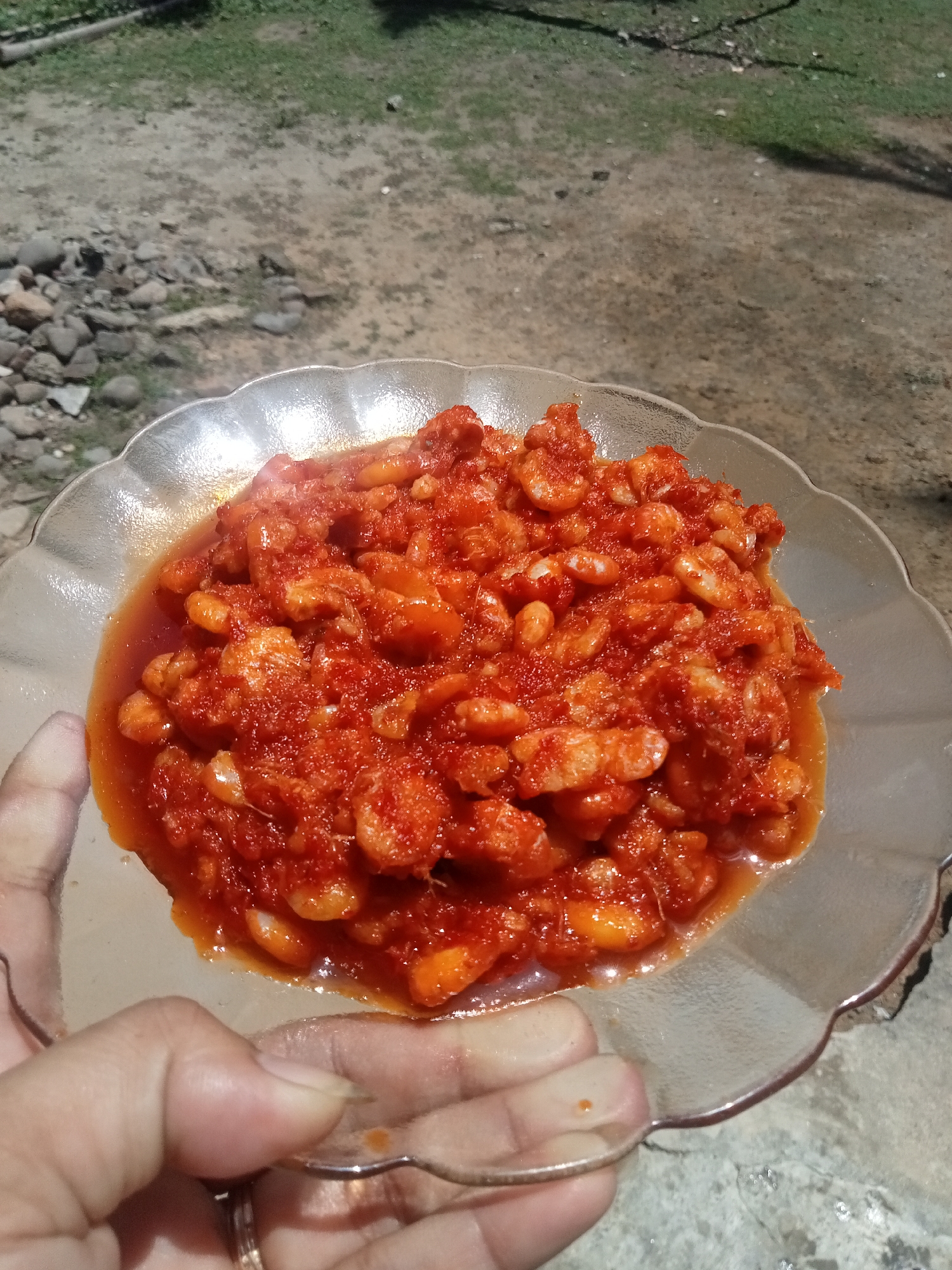 A close-up, eye-level shot shows a clear, scalloped glass plate filled with what appears to be red-chili-sauce-covered shrimp. The shrimp are small and numerous, with a rich, vibrant red sauce coating them. The plate is held by a person's hand, with fingers visible on the left side of the frame, wearing a ring on the left ring finger. The background is out of focus, revealing a dry, dirt-and-gravel ground with some sparse green grass and small stones. The lighting suggests an outdoor setting, likely during the day. The scene takes place in the vicinity of Blangseureukuy, Indonesia.