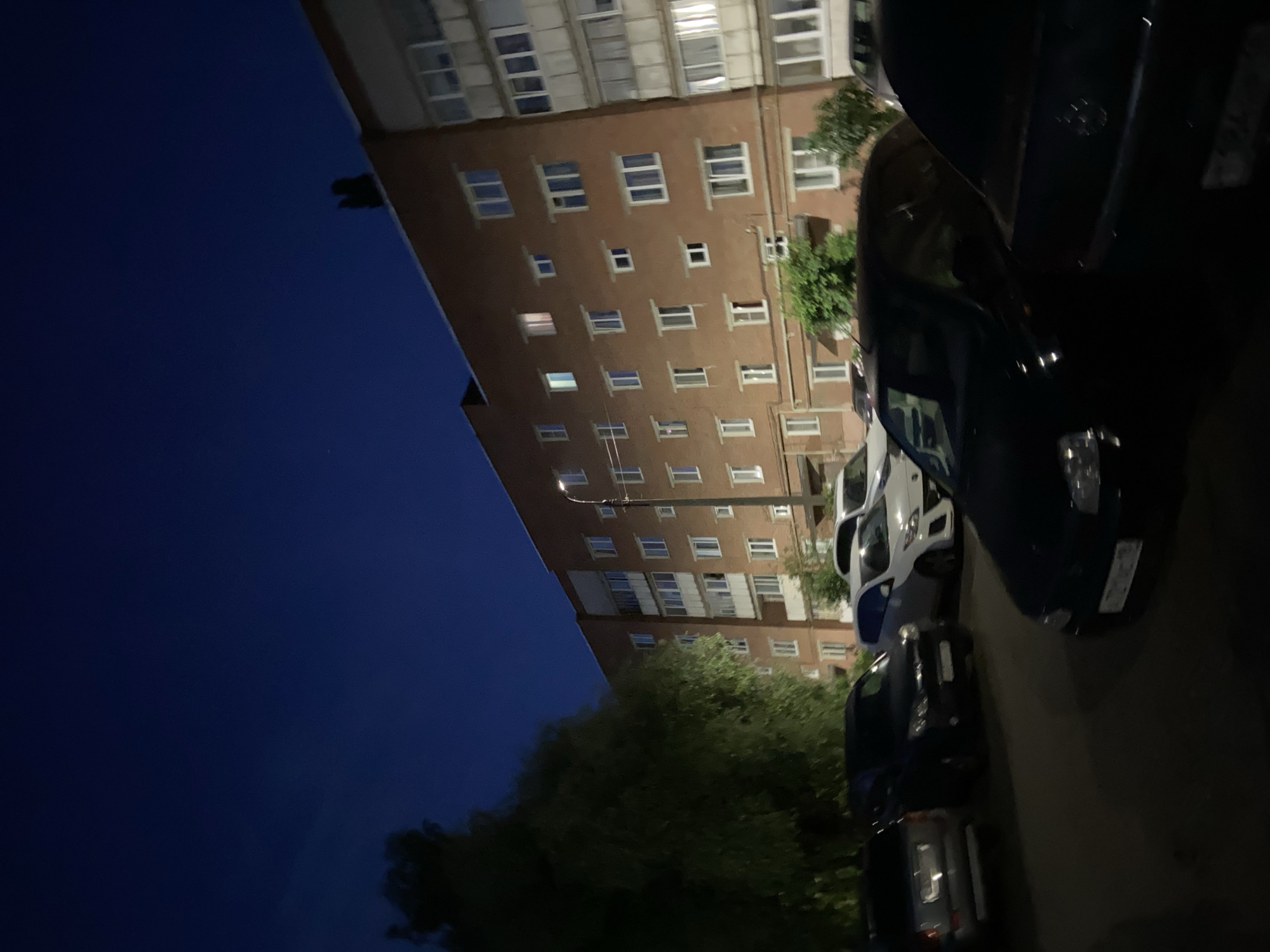 This image depicts an outdoor scene at night in Votkinsk, Russia. The primary subjects are a multi-story brick apartment building and several parked cars. The building has numerous windows, some of which are illuminated, suggesting occupants within. Trees with lush green foliage are visible in the foreground and to the side of the building, providing a natural element to the urban setting.
The activity taking place is simply the presence of parked vehicles and a residential building, implying a residential area at night. There are no people visible in the image.
Notable details include the time of day, which is clearly night as indicated by the dark sky and artificial lighting from the building's windows. The weather appears to be clear, with no visible rain or fog. The apartment building is a common sight in many urban environments, and the presence of parked cars suggests a typical residential street or parking area.
There is no visible text in the image. The overall mood is quiet and still, characteristic of a residential area late at night. The image is taken from a slightly elevated angle, looking towards the building and the cars.