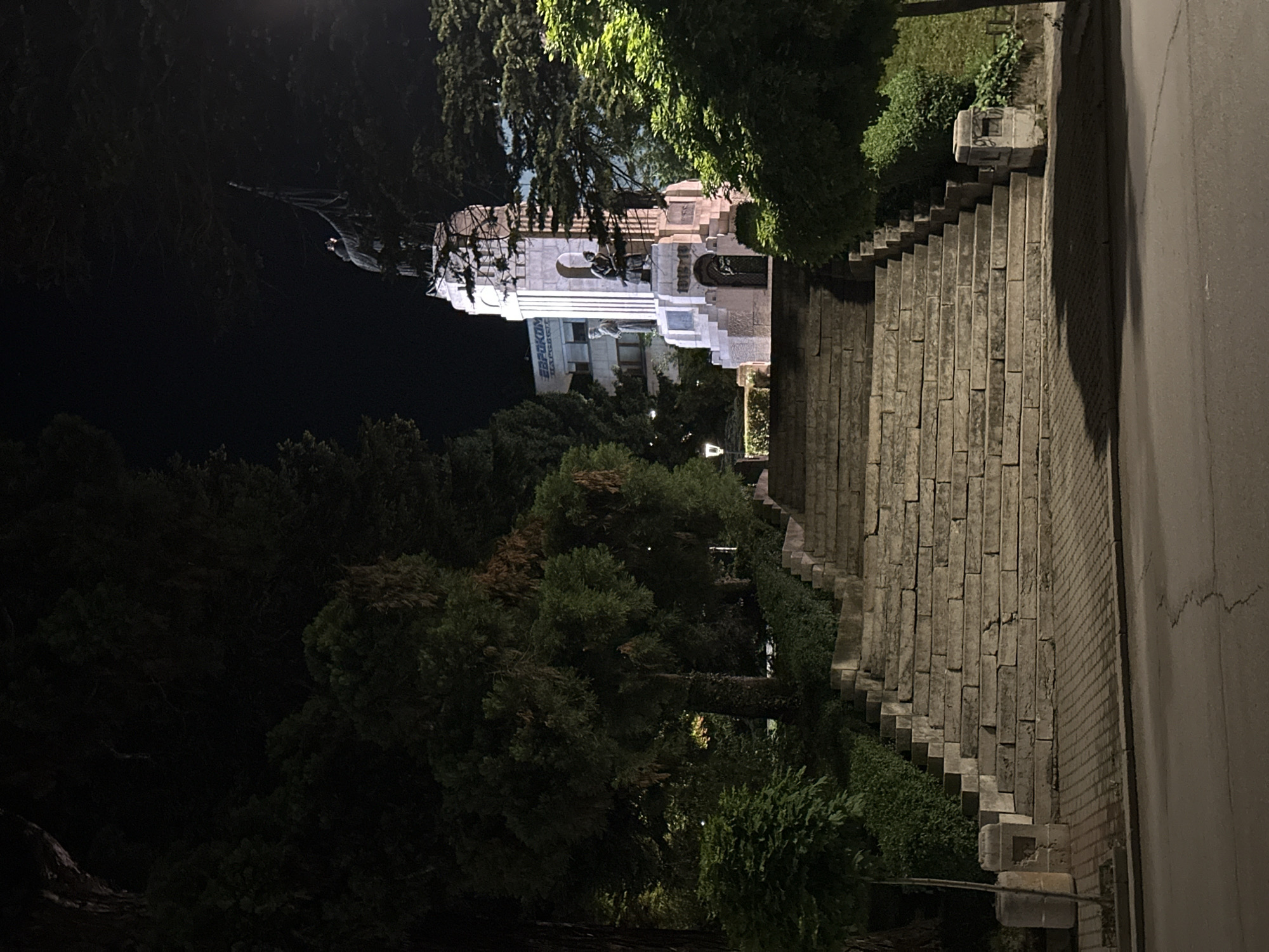 The image captures the Monument of Mother Bulgaria in Veliko Tarnovo, Bulgaria, at night. The monument is illuminated and stands prominently above the surrounding dark trees. A long, stone staircase leads up to the monument, bordered by greenery. A portion of a road is visible to the right of the stairs. The overall scene is dimly lit, emphasizing the monument as the central subject.