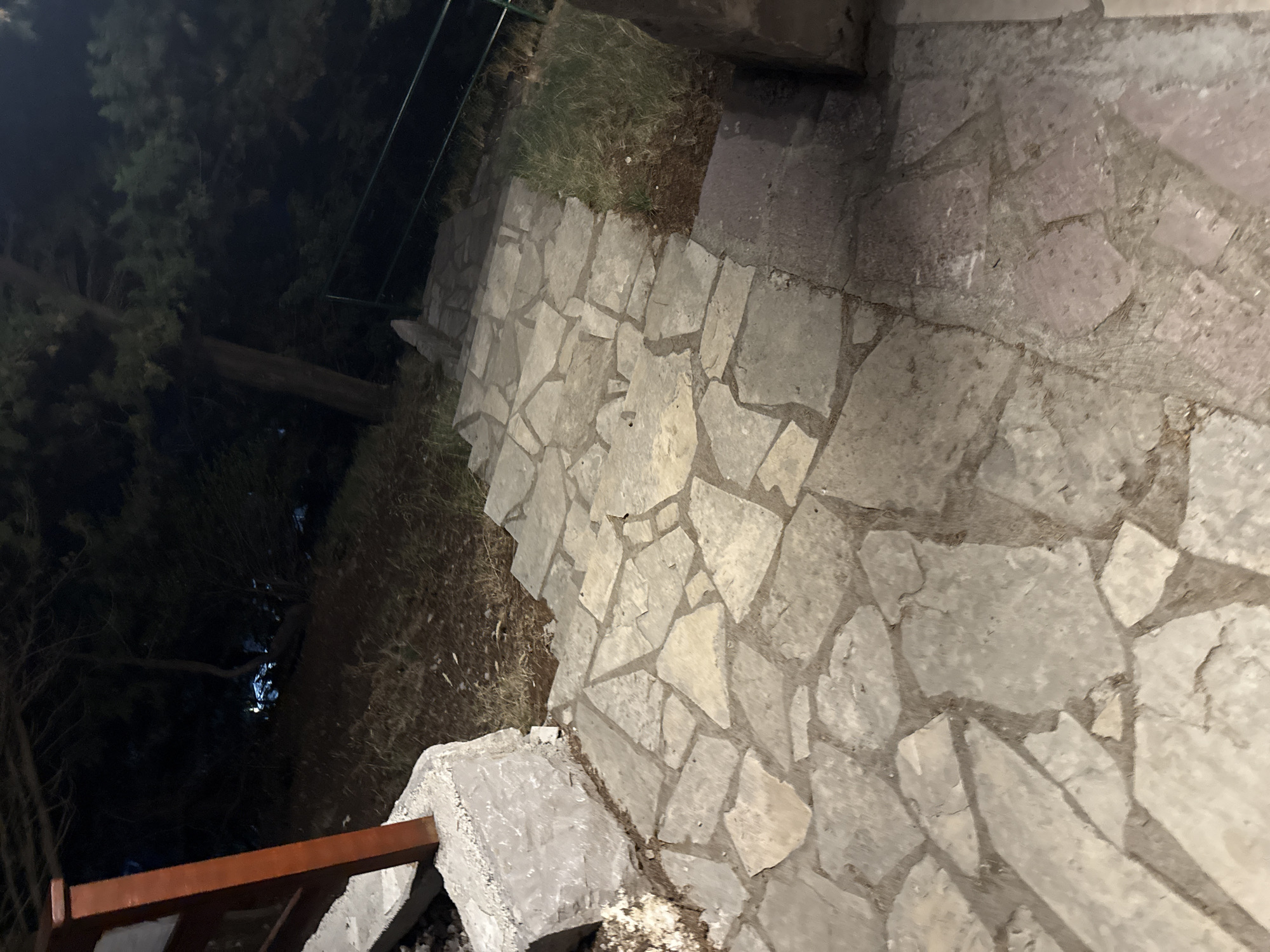 The image shows a set of uneven stone stairs at night in Boreti, Montenegro. The stairs are made of irregularly shaped, light-colored stones that appear to be natural flagstones, laid out with dark grout filling the gaps between them. The stairs descend from what appears to be a higher level to a lower one, and are bordered by a dark, possibly metal railing on the left side, partially visible at the bottom of the frame. To the right of the stairs, there is a small patch of dry grass and soil. In the background, on the left side of the image, are dark trees, indicating an outdoor setting, likely a garden or yard. The overall lighting suggests it is nighttime, possibly with artificial light illuminating the stairs. There are no people or specific events depicted, and the scene conveys a sense of quiet and natural surroundings.