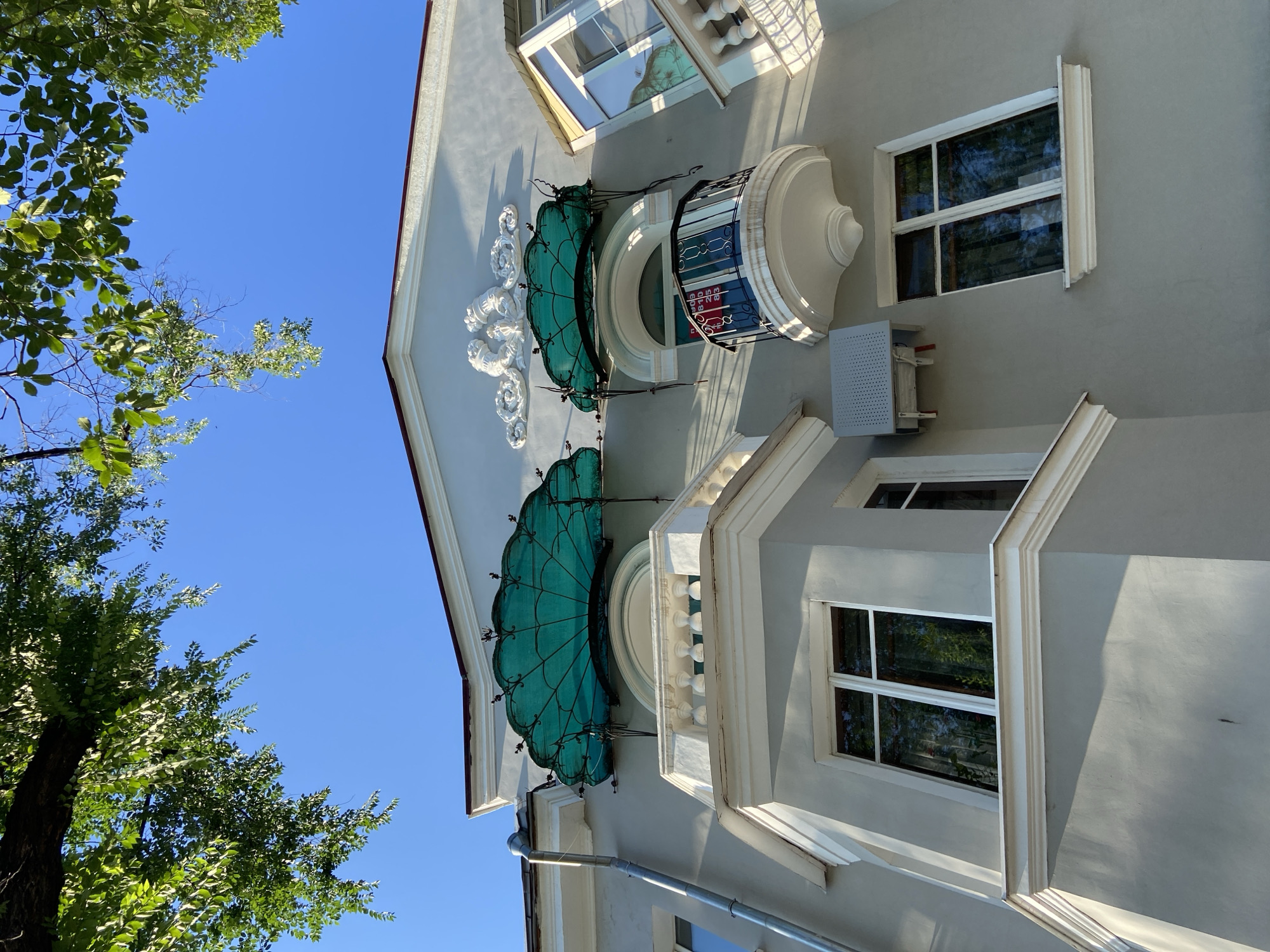 The image shows a light gray building with white trim, featuring decorative architectural elements. Two balconies with teal awnings are visible. The left balcony has a white balustrade. The right balcony is smaller and enclosed by a black wrought-iron railing. Above these balconies, a decorative white stucco ornament resembling two intertwined figures or swans with swirling clouds is mounted on the facade. Several windows with white frames are present on the building, some reflecting the surrounding trees and sky. An air conditioning unit is mounted on the wall to the left of the right balcony. Lush green tree branches overhang the top of the building against a clear blue sky. The building is located on Amur Street in Blagoveshchensk, Russia.