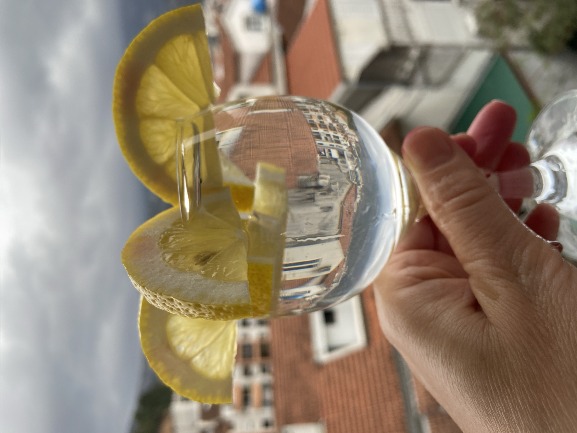 The image displays a close-up, elevated perspective of a human hand holding a stemmed glass against an urban backdrop in Budva, Montenegro, under an overcast sky.
**People:** One individual's right hand is visible, light-skinned, gripping the clear stem of the glass.
**Subjects/Objects:** The primary subject is a clear, stemmed glass, likely a wine glass or goblet, containing a clear liquid. Three thin, semi-circular slices of lemon garnish the glass; two are positioned on the rim, and one smaller piece floats within the liquid. The liquid in the glass reflects and distorts the immediate surroundings, including architectural details.
**Location/Environment:** The background reveals a dense urban landscape, characteristic of Budva, Montenegro, observed from an elevated vantage point. Numerous buildings feature distinctive terracotta red-tiled roofs, and some structures have light-colored facades. Distant, hazy mountains are visible beyond the city. The sky is uniformly gray and overcast, suggesting a cloudy day.
**Actions/Interactions:** A human hand is actively holding the glass, presenting its contents against the city view.