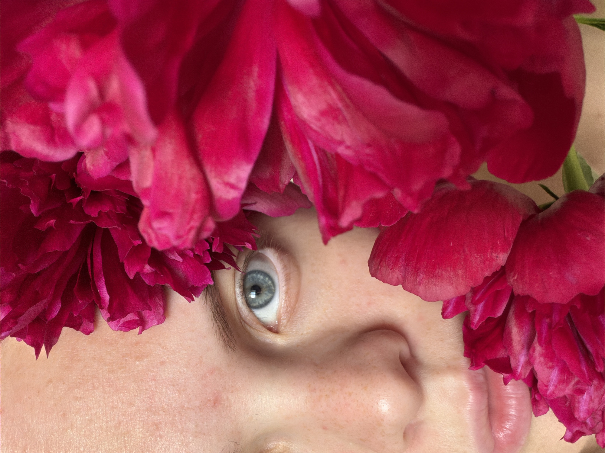 A close-up, diagonal shot captures a person's face peeking through a dense arrangement of vibrant, deep pink or fuchsia flowers, likely peonies. The upper and lower parts of the frame are dominated by the lush petals, which vary in focus, with some sharp and others softly blurred, suggesting a shallow depth of field. The visible portion of the face includes a striking blue-grey eye, wide open and looking slightly upwards and to the left, conveying a sense of curiosity or wonder. The person's nose, part of the mouth, and chin are also visible. Their fair skin is adorned with numerous small freckles across the nose and cheek area. The composition creates an intimate and intriguing portrait, blending human features with the natural beauty of the flowers. There are no other discernible objects, activities, or text. The location context is Izhevsk, Russia.