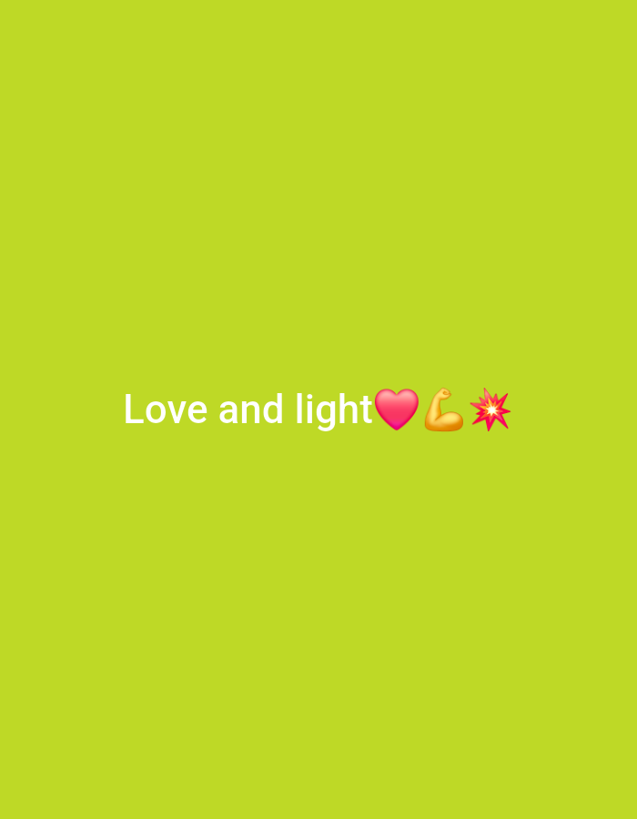 The image displays a digital graphic with a plain, vibrant lime green background. Centered horizontally, slightly above the vertical midpoint, is the phrase "Love and light" written in white text. Following the text are three emojis: a red heart, a flexed bicep (representing strength or power), and a red and yellow starburst or sparkling symbol, often associated with positive energy or excitement. There are no people, specific objects, or a discernable scene or setting beyond the solid color background. No particular activity or event is depicted. The overall impression is one of positive affirmation or well-wishing. The image does not contain any visual cues related to time of day, weather, or a specific location like Jos, Nigeria; it is a generic digital design.