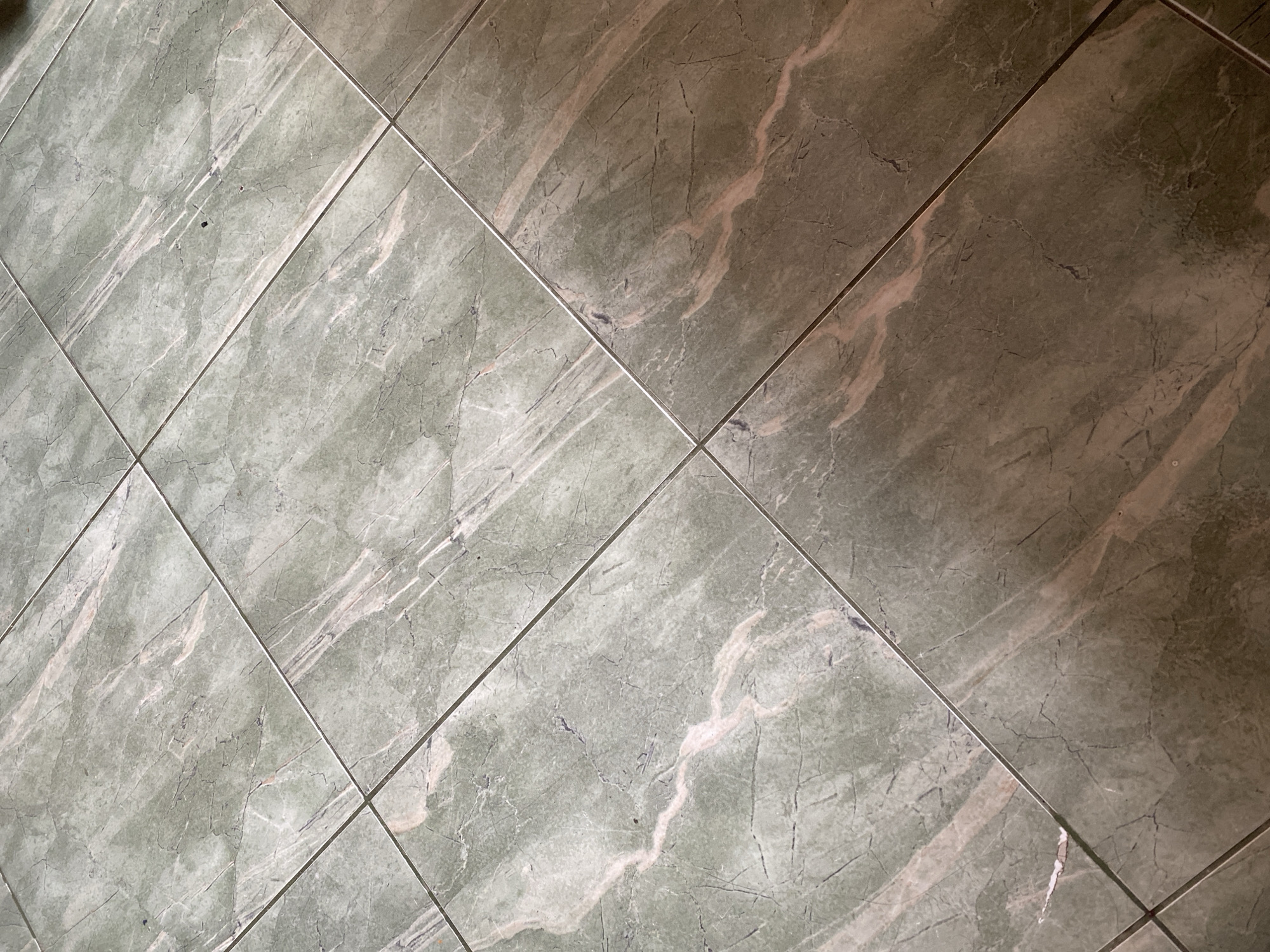 The image shows a close-up view of floor tiles arranged in a square pattern. The tiles are light green with marble-like patterns of white, darker green, and brown. The grout lines are thin and appear to be light gray. The tiles are clean but have minor blemishes.
There is no information in the picture to identify Sofia, Bulgaria or other locations, or to include details about people, subjects, objects, actions, interactions, or the environment, beyond the tiled surface.