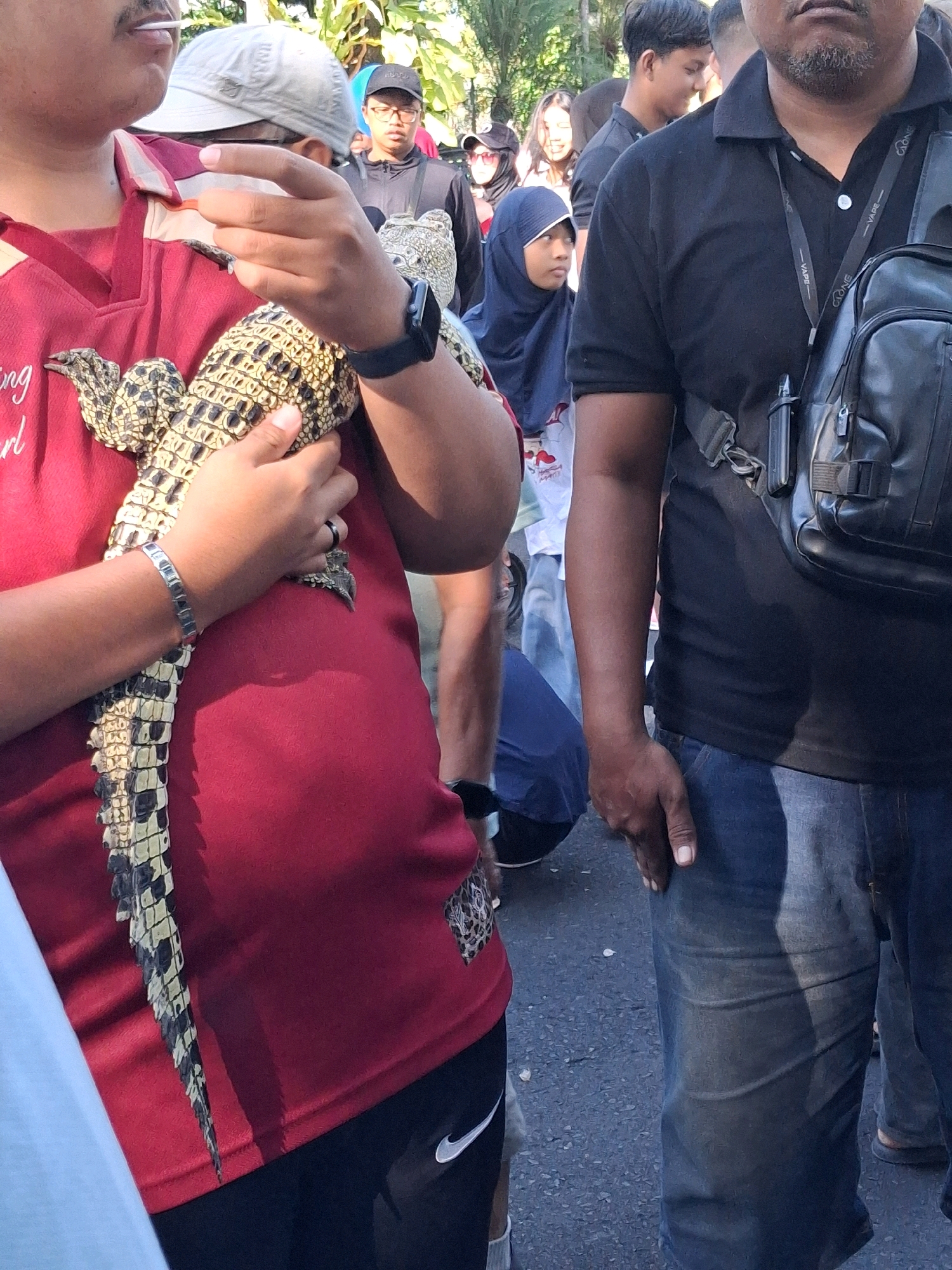 The image captures a street scene in Surakarta, Indonesia, where a person in a red shirt is holding a young alligator. The alligator's tail, with its distinctive black and yellow scales, is draped over the person's arm. In the background, a group of people are visible, including a man in a black polo shirt with a backpack, a woman wearing a hijab, and other individuals observing the scene. The ground is paved with asphalt, and foliage can be seen in the upper portion of the image, suggesting an outdoor setting within the city. The overall atmosphere appears to be casual, with the interaction between the person and the alligator being the central focus.