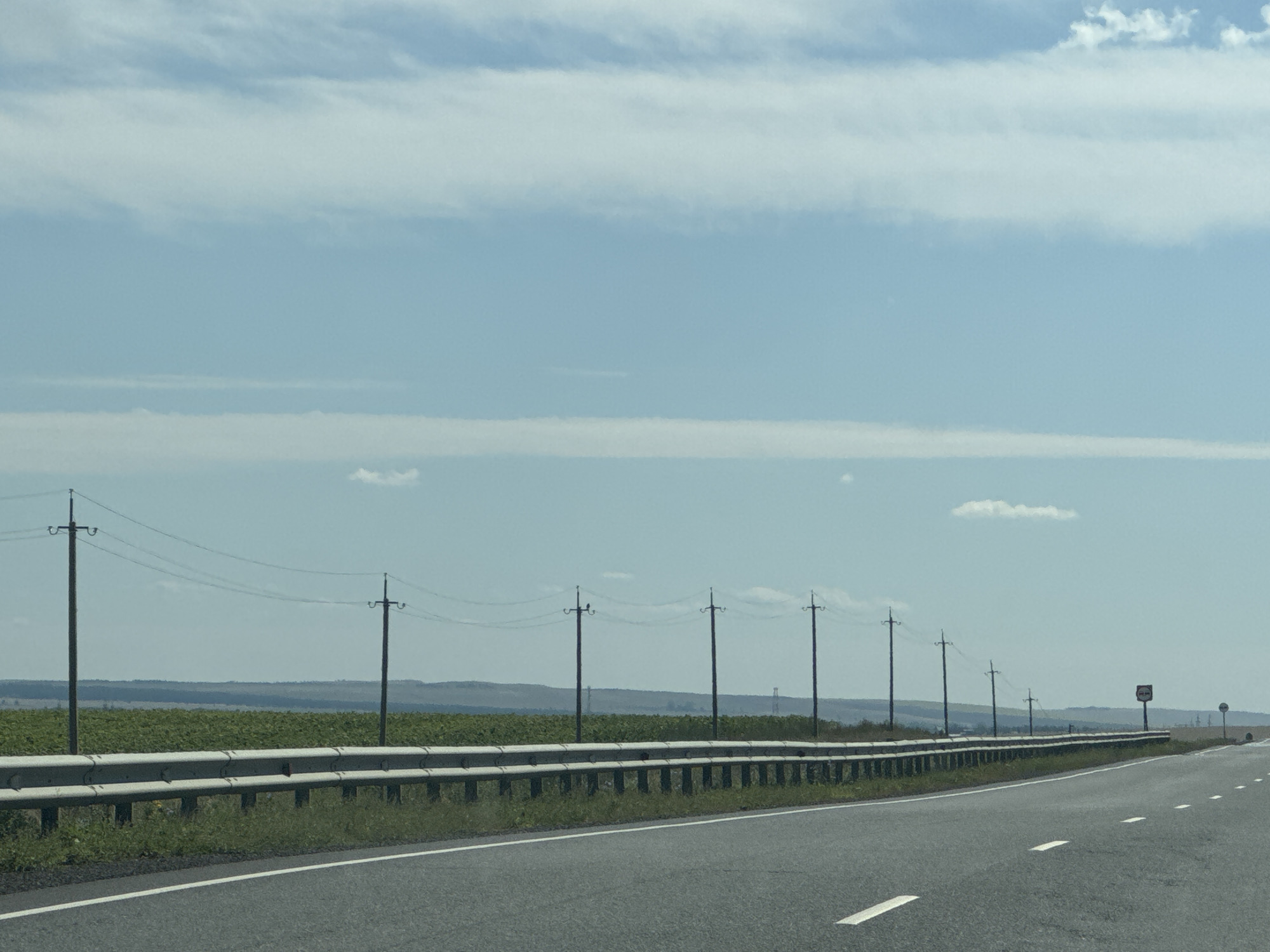 The image depicts a straight, paved highway running through a rural landscape under a bright, cloudy sky. The road is a multi-lane asphalt surface with white lane markings. To the left of the road, there is a metal guardrail separating the highway from a field of green crops, possibly sunflowers, which stretches to the horizon. In the distance, rolling hills are visible. Numerous utility poles with power lines stretch across the scene, parallel to the highway, interspersed at regular intervals. On the right side of the road, several road signs are visible, including what appears to be a speed limit sign and a prohibition sign. The environment is clear and open, suggesting a countryside location. There are no people or vehicles visible in the immediate scene, though a distant sign suggests a road that may lead to a settlement or facility. The scene appears to be in Russia given the context of the prompt.