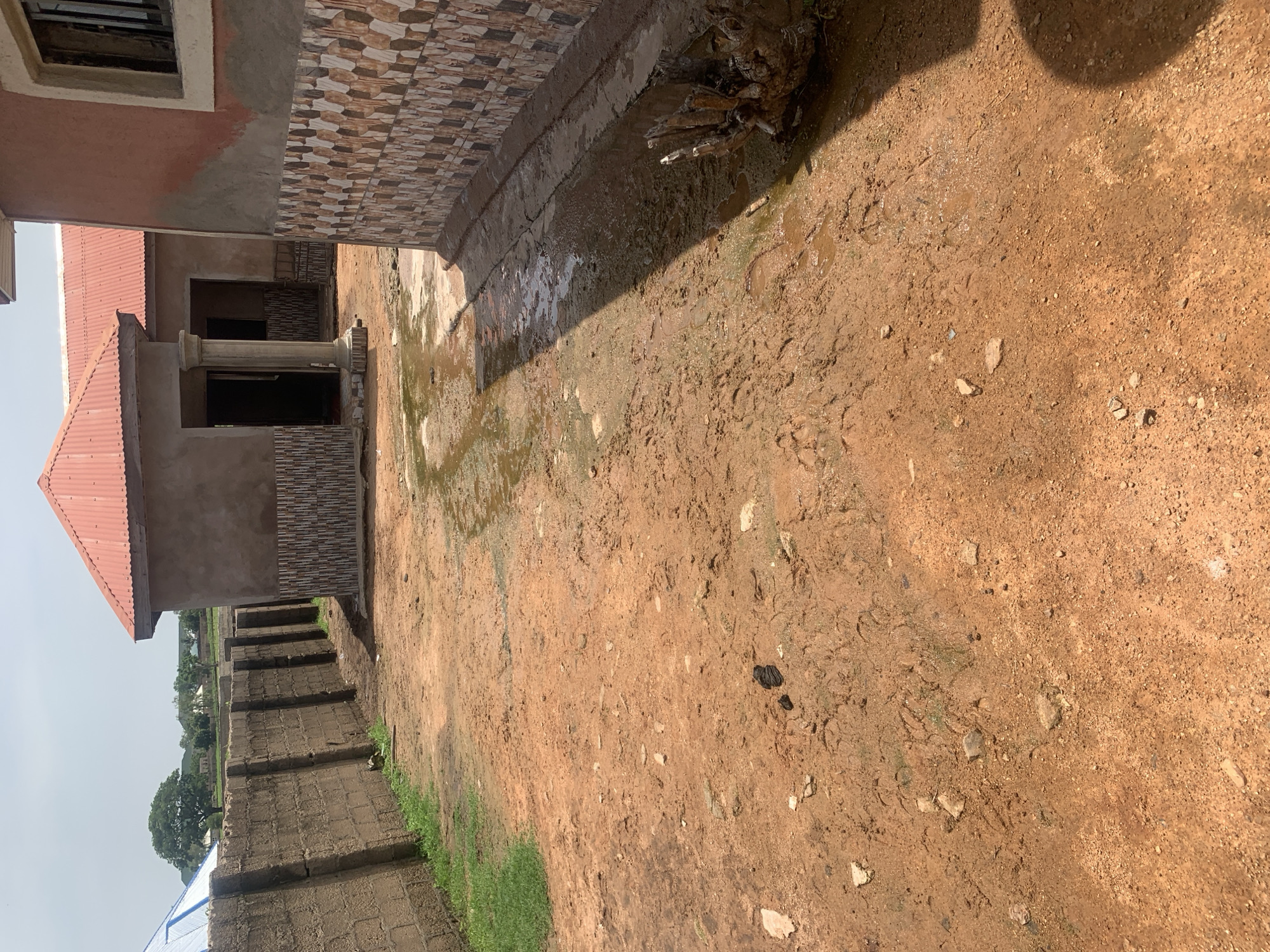 The image shows an outdoor construction site in Jauro Yinu, Nigeria. The ground is composed of reddish-brown dirt and mud, with visible footprints and some scattered rocks. A portion of the ground is wet, indicating recent rainfall or a water source.
On the left side of the image, a low brick wall runs horizontally, with a strip of green grass growing alongside it. Beyond the wall, a tree and some buildings are visible in the distance, under a bright, overcast sky.
The foreground is dominated by the muddy dirt path. In the center of the frame, there is a dark, clumped object on the ground, possibly animal feces.
To the right, a building with a coral-pink exterior wall and a patterned tile base is under construction. The building features a window with a metal grate. Adjacent to this building, a partially visible structure with a red corrugated metal roof and similar tile detailing is also under construction. This structure has an open doorway framed by a column.
A rough, tree-like stump is situated in the lower right corner of the image, partially obscured by shadow. The overall scene depicts an unfinished construction area, likely in a rural or semi-urban setting within Jauro Yinu.