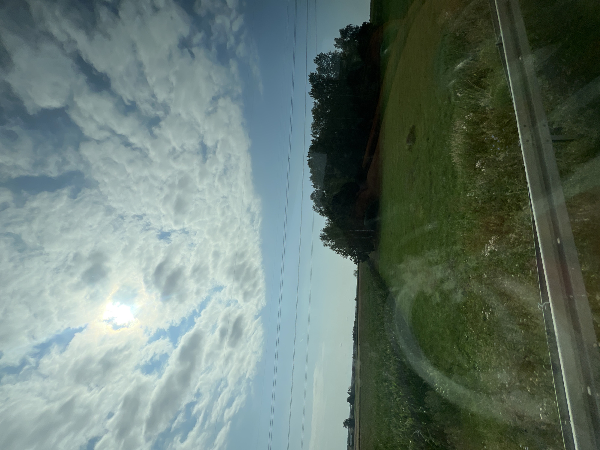 The image depicts a rural landscape, possibly near Brzozowo-Chrzczony, Poland. A bright sun shines through a partly cloudy sky, casting a light glow. In the foreground, a metal railing suggests the perspective is from a vehicle. The middle ground features a lush green field with patches of wildflowers, and beyond that, a dense line of trees. To the left, a field of crops, possibly corn, stretches towards the horizon. Power lines are visible in the sky, indicating the presence of infrastructure. The overall scene is serene and natural, with the sun and clouds creating a dynamic sky.