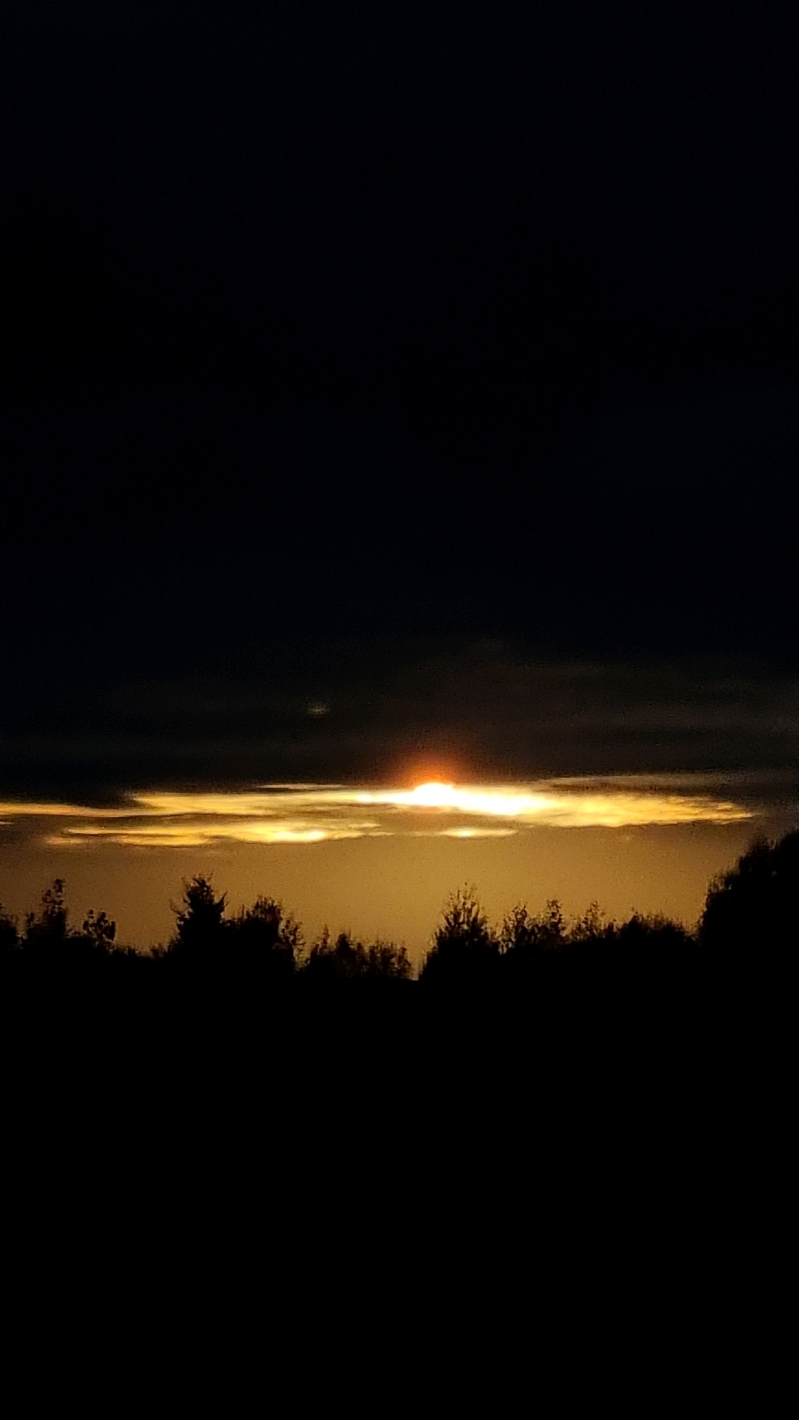 A silhouette of a forest line is visible against a dramatic sunset sky. The sun, a bright orange orb, is partially obscured by a layer of clouds, casting a warm, golden glow. The clouds are wispy and spread horizontally, creating a sense of depth. The sky above is dark, transitioning from deep blue to black, indicating either late dusk or early dawn. The overall scene evokes a sense of tranquility and the natural beauty of the environment. No specific landmarks or buildings are visible to pinpoint the location within Vysokoe, Russia.