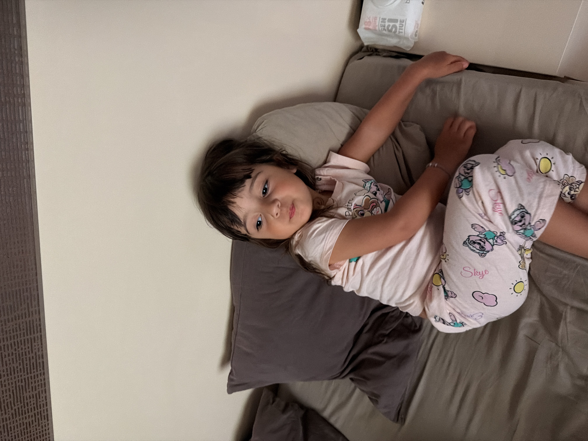 A young girl with dark hair and brown eyes is lying on her side on a bed, facing the camera. She is wearing a light pink t-shirt with a graphic print and light pink pajama pants adorned with cartoon characters and clouds. The girl has a slight smile on her face, appearing relaxed and content. Her right arm is extended upwards, resting on the edge of the bed. A dark gray pillow is positioned behind her head, and the bed appears to be covered with a gray sheet.
In the background, to the right of the girl, a white package of tissues is visible on what appears to be a headboard or shelf. The wall behind the bed is a neutral, light color, and to the left of the frame, there is a textured dark element, possibly part of the room's decor or furniture. The lighting suggests it could be daytime or evening, with a soft illumination. The girl's pajamas have the word "Skye" written on them. The overall scene depicts a comfortable and domestic setting.