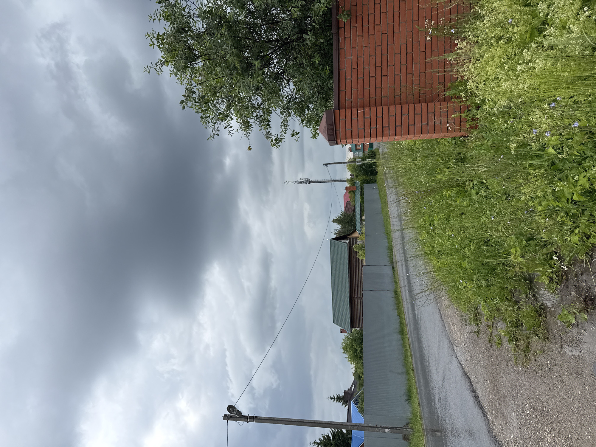 The image depicts a rural or suburban scene with a cloudy sky. On the right side of the frame, a tall, red brick wall is visible, topped by a metal cap. Adjacent to the wall, lush green vegetation with small white and purple flowers grows tall and wild. A paved path or road runs alongside the vegetation and fence.
Further into the scene, a gray metal fence encloses properties. A wooden house with a green roof is partially visible behind the fence, as is a telecommunications tower. A concrete lamppost with a light fixture stands in the foreground, with a thin wire stretching across the frame. The sky is filled with dramatic, dark gray clouds, suggesting an overcast or impending storm. The overall atmosphere is somewhat somber due to the weather. The image appears to be taken during the daytime. The location context provided indicates Kazan, Russia. No people are visible in the image, and no text is present.