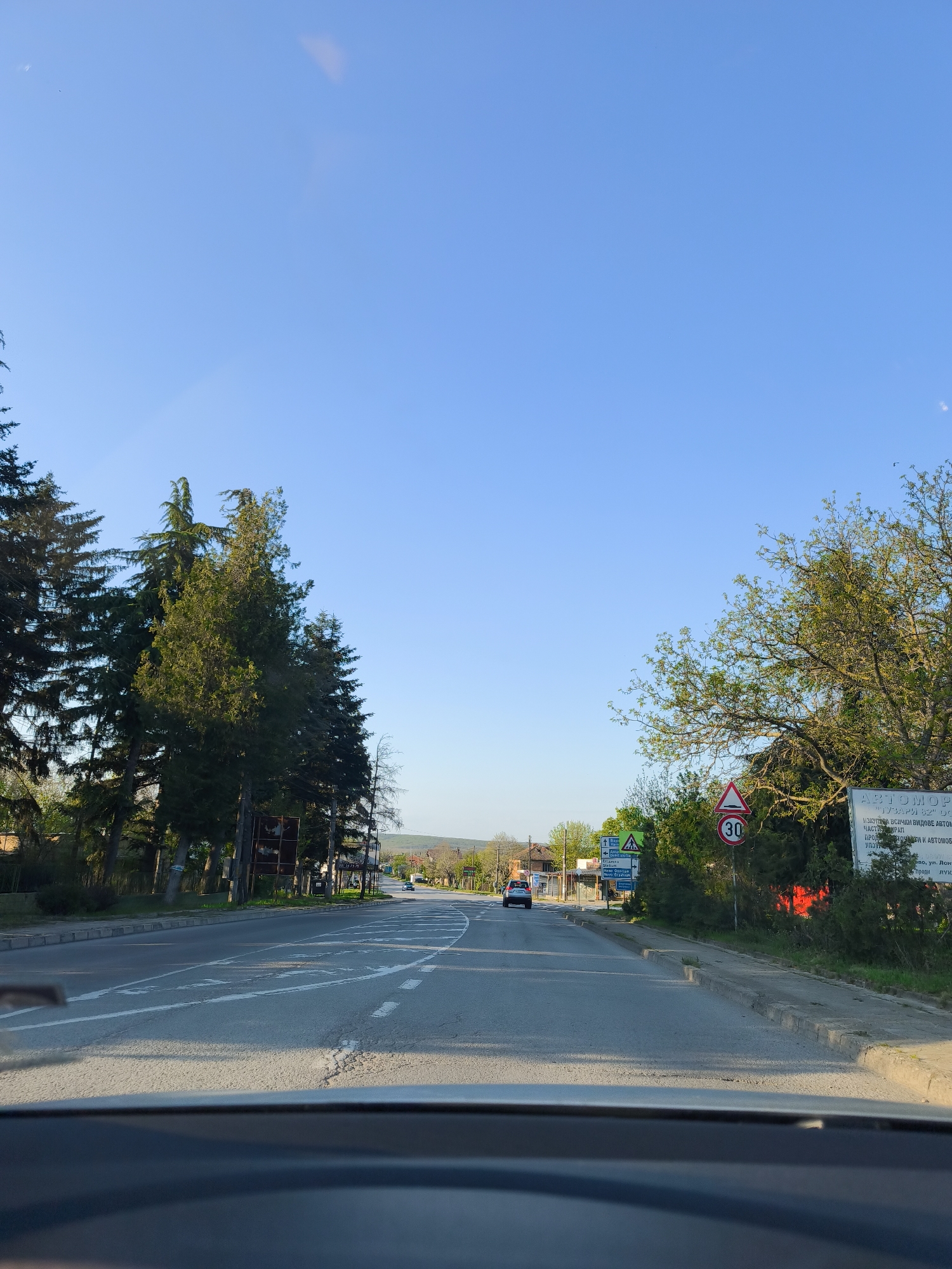 The image depicts a straight road in Staro Oriahovo, Bulgaria, viewed from the interior of a vehicle, with the dashboard visible at the bottom. The road, featuring white markings including a solid line on the left and dashed lines on the right, appears to lead into a settlement. On both sides, rows of trees line the road, with more dense coniferous trees on the left and deciduous trees with fresh spring foliage on the right.
The scene is set on a clear, sunny day, indicated by the bright blue sky and distinct shadows cast by the trees and a car on the road. Sunlight illuminates the right side of the road and trees, suggesting it might be morning or late afternoon.
In the distance, a blue car is visible on the road, with another darker vehicle further ahead. Several road signs are present on the right side. A prominent red-bordered triangular sign indicates a hazard, and directly below it is a circular speed limit sign displaying "30", suggesting a 30 km/h speed limit. Further along the road on the right, a large billboard is erected.
Visible text from the billboard includes Cyrillic script: "АВТОМОР" (AUTOMOR), "ТУЗАРИ 20", "ИЗКУПУВА ВСИЧКИ ВИДОВЕ АВТОМ..." (BUYS ALL TYPES OF AUTOM...), "ЧАСТИМИКРАП", "ПРОДАЖБИ НА НОВИ И АВТОМОБ..." (SALES OF NEW AND AUTOMOB...), "УПОТ" (USED), "ово, ул. Лом" (ovo, Lom Str.), and "преди лук" (before Luk...). Smaller, less legible directional signs are also seen on the right, next to the road. The overall impression is a calm drive through a populated, possibly rural-urban fringe area.