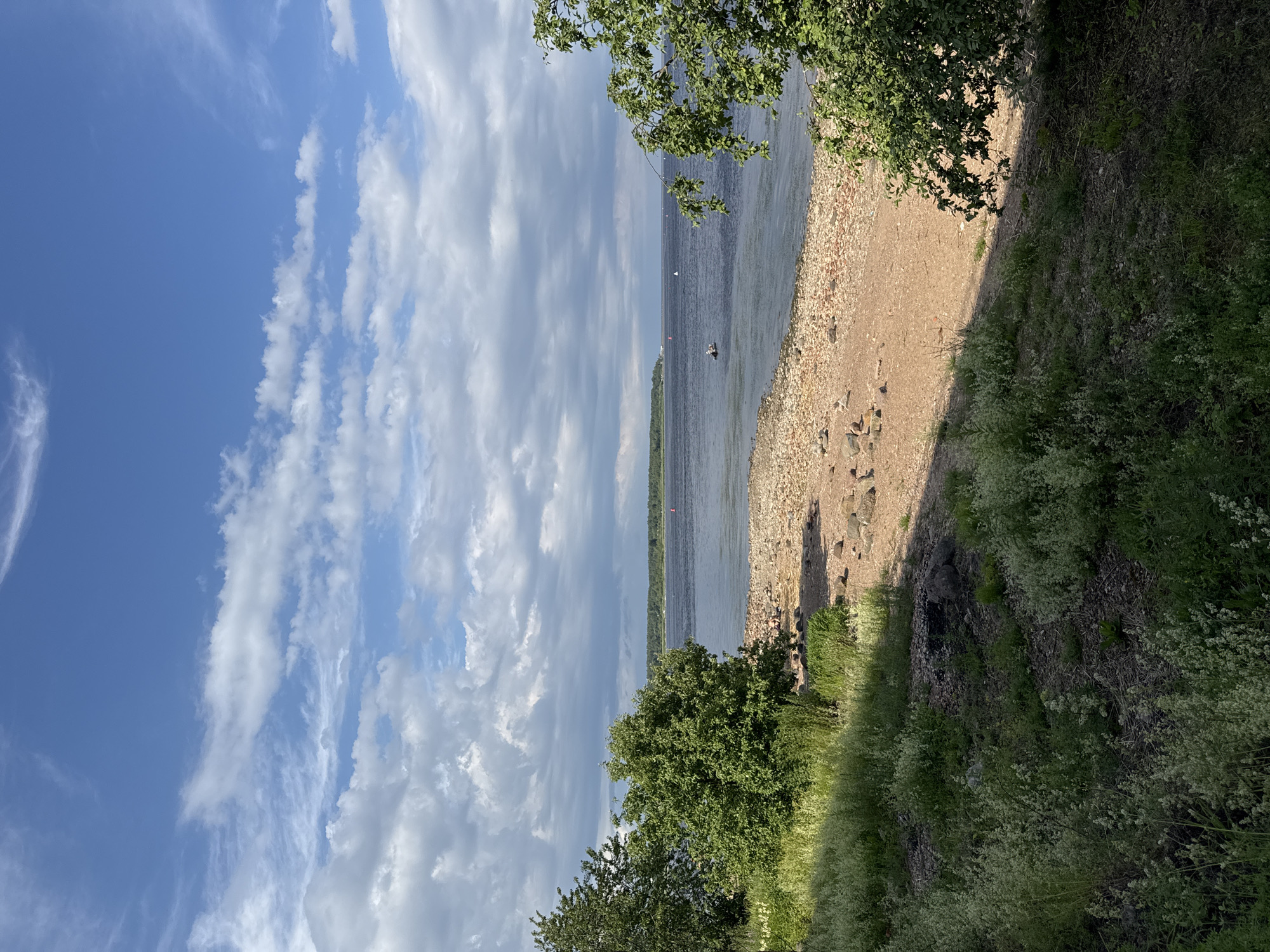 The media file captures a serene waterside scene under a partly cloudy sky, oriented vertically. The foreground is dominated by lush green vegetation and trees, with a sliver of a sandy and pebble-strewn beach bordering a calm body of water. The water stretches to the horizon, where a distant shoreline with trees is visible, hinting at a vast expanse.
In the water, several small buoys are dotted, suggesting a marked area. A small boat with a person can be seen near the center of the water, indicating a leisurely activity. The sunlight casts shadows on the beach and the adjacent grassy slope, suggesting it is daytime, likely mid-morning or afternoon.
The sky is a vibrant blue with scattered white clouds, some wispy and others more cumulus, creating a dynamic backdrop. The overall atmosphere is peaceful and natural, conveying a sense of tranquility. The location context provided, Shlisselburg, Russia, suggests this could be a view of the Neva River or Lake Ladoga. No visible text is present in the image.