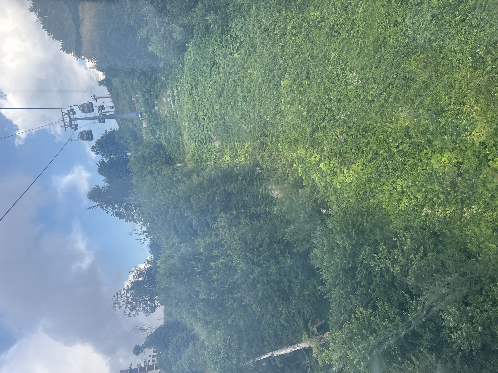 This is an aerial view from a ski lift or cable car going up a mountain covered in dense green vegetation and trees. Several ski lift cabins are visible suspended from cables, with some cabins moving up the slope. The sky is partly cloudy with blue patches. On the left side of the image, a multi-story building, likely a hotel or resort, is partially visible amidst the trees. The terrain is steep, with patches of bare earth and gravel pathways visible on the mountainside. The image appears to be taken in a mountainous, forested region, consistent with the location of Estosadok, Russia, a resort town known for its ski facilities and mountain landscapes. There are no people clearly visible within the cabins or on the ground.