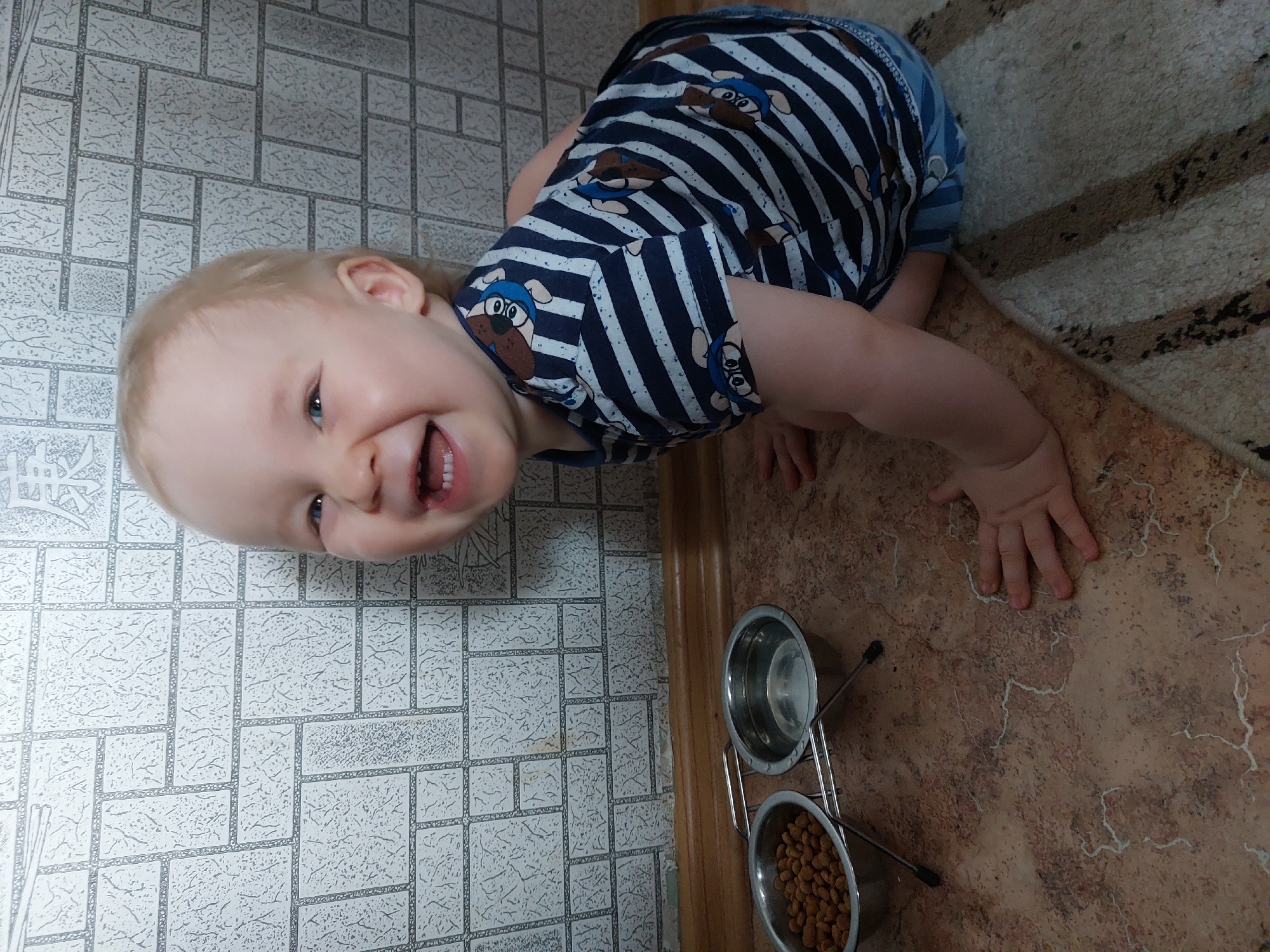 A toddler with blonde hair is smiling at the camera. They are wearing a blue and white striped shirt with cartoon dog faces and blue shorts. The toddler is on the floor with their hands near a two-tiered stainless steel pet bowl holder. The top bowl appears to be empty, while the bottom bowl is filled with dry kibble. The floor appears to be a mix of linoleum or tile patterned to look like grey bricks in one area and a reddish-brown, marble-patterned material in another area. There is also a rug in the background. Location: Unknown, Unknown.