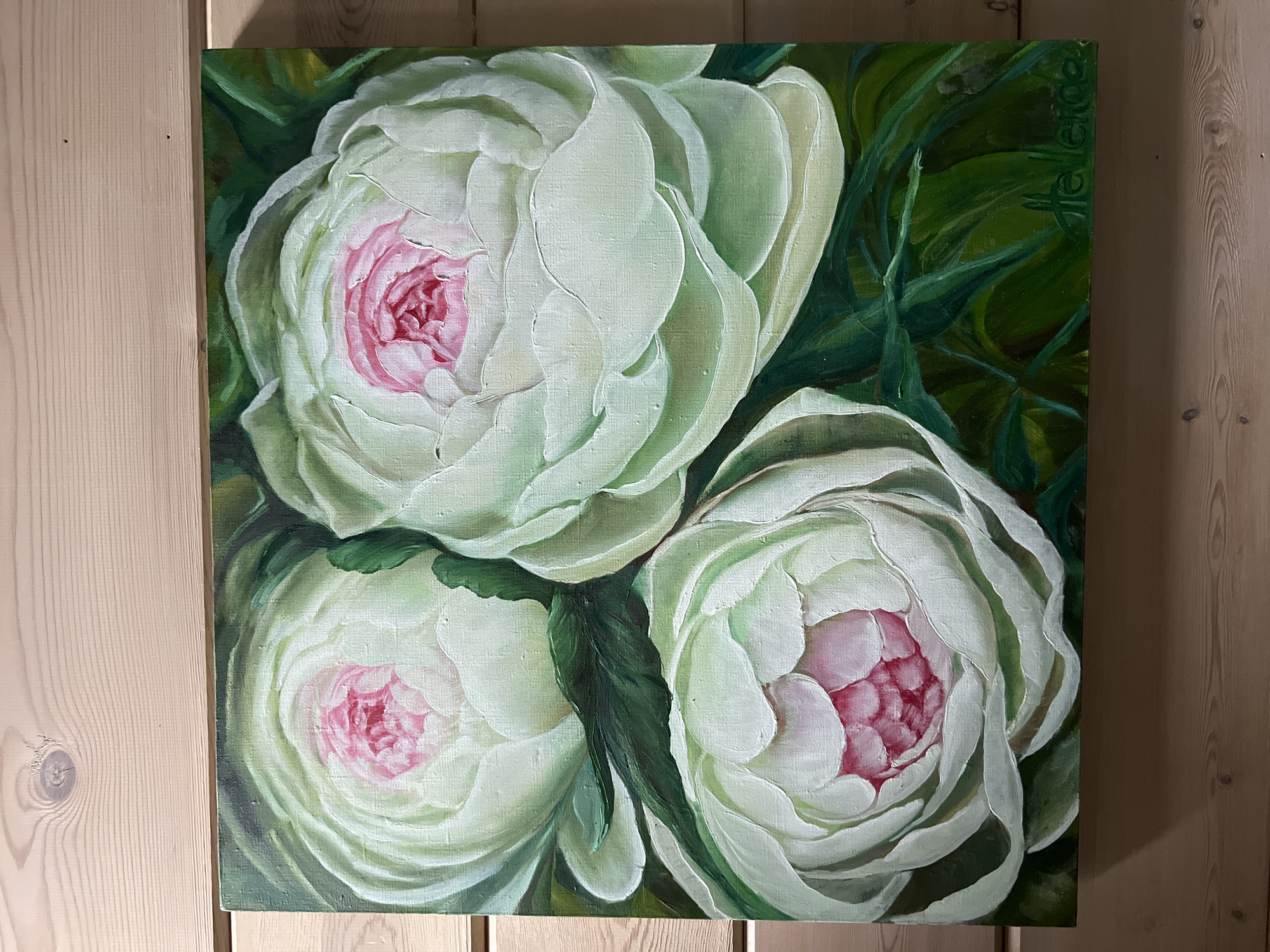 An oil painting on canvas depicts three white peonies with pink centers against a dark green background. The flowers are rendered with thick impasto brushstrokes, creating a textured surface that gives the petals a soft, voluminous appearance. The painting is framed by a rustic wooden wall, with visible wood grain and knots. The signature "Ale Veres" is present in the lower right corner of the painting. The location provided, Angarskie Khutora, Russia, is a city.
