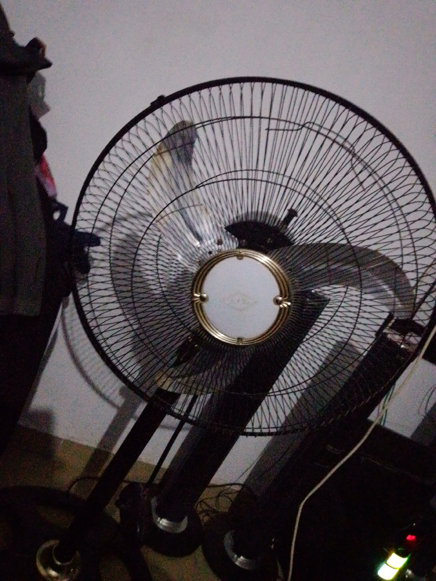 In Jalingo, Nigeria, an indoor scene features a standing fan, its black metal grill prominently displayed. The fan's center is adorned with a white circular emblem, framed by a golden ring and accented with a gold knob. Behind the fan, a wall with a textured finish is visible. To the left of the fan, partially obscured clothing hangs from what appears to be a hanger or hook. The lower portion of the image reveals the fan's black stand and base, with a glimpse of a power cord. The lighting suggests it is nighttime.