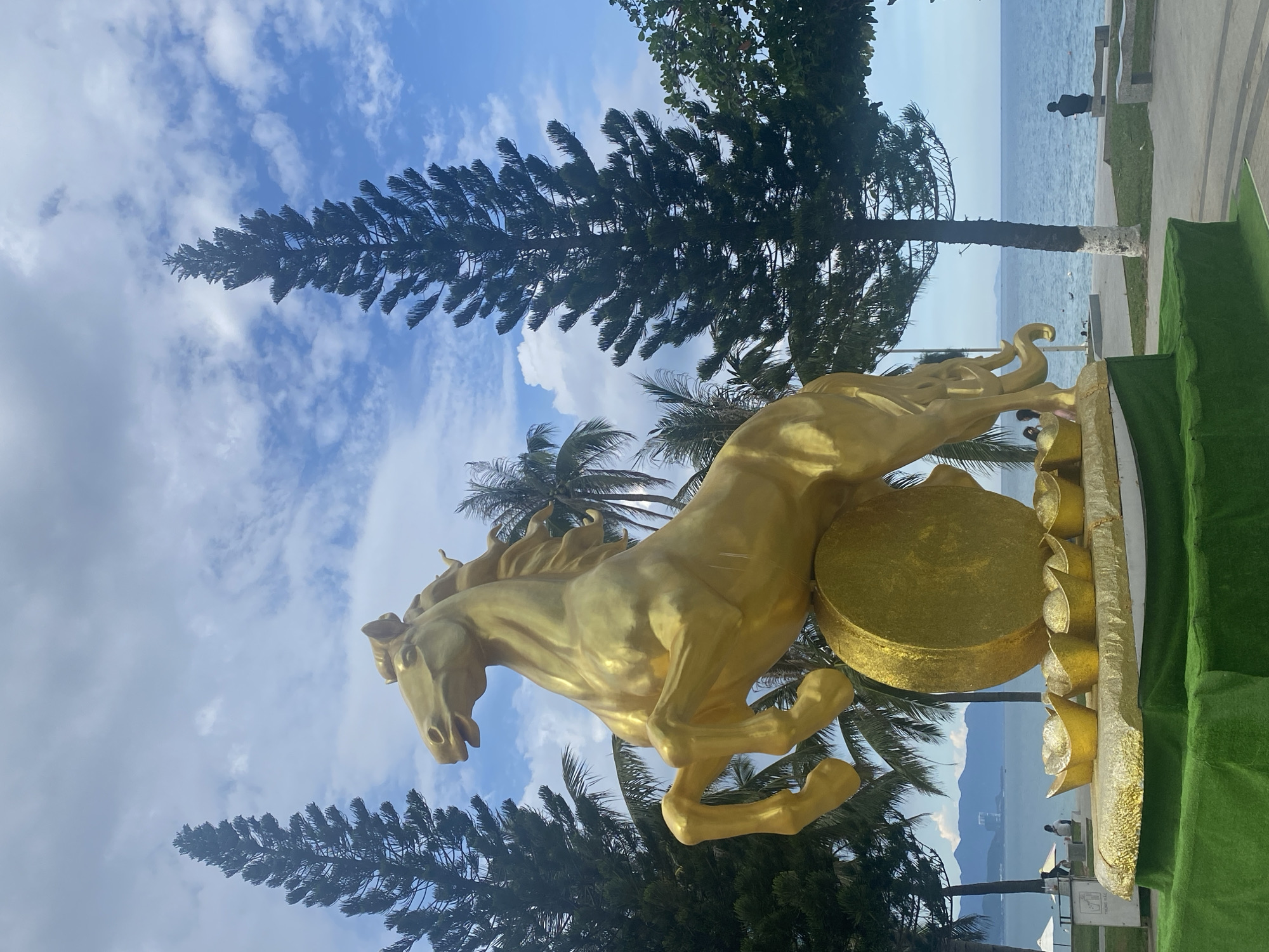 This image features a striking golden sculpture of a horse in motion, its mane flowing and its body powerfully poised. The horse is positioned on a base adorned with golden ingots, suggesting wealth and prosperity. In the background, the sparkling blue sea stretches towards a distant coastline with mountains. The sky above is a vibrant blue, dotted with fluffy white clouds, indicating fair weather.
The scene is set outdoors, likely in a public space given the presence of a paved walkway, some seating, and a decorative green turf area. Tall pine trees and palm trees frame the sculpture, adding a tropical ambiance. The overall impression is one of a bright, sunny day.
While the focus is on the sculpture, a few people are visible in the distance near the water's edge and on the walkway, appearing as small silhouettes against the bright backdrop. Their presence suggests a leisurely atmosphere. The overall mood conveyed by the image is uplifting and positive, perhaps symbolizing good fortune and dynamism. No visible text is present in the image. The location context of Nha Trang, Vietnam, aligns with the presence of palm trees and the coastal scenery.