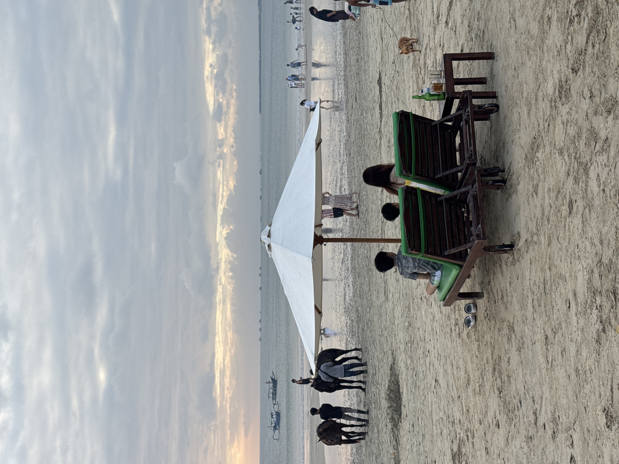 In Kuta Selatan, Indonesia, on a beach during overcast daytime, two people sit in green lounge chairs facing away from the camera, under a large white umbrella. A small wooden table next to the chairs holds a green bottle and two glasses. A small brown dog on a leash is near the table. Further back on the sand, three people stand near two horses. In the distance, the ocean is visible with several boats and numerous people walking along the shoreline. The sky is cloudy with a hint of light on the horizon.