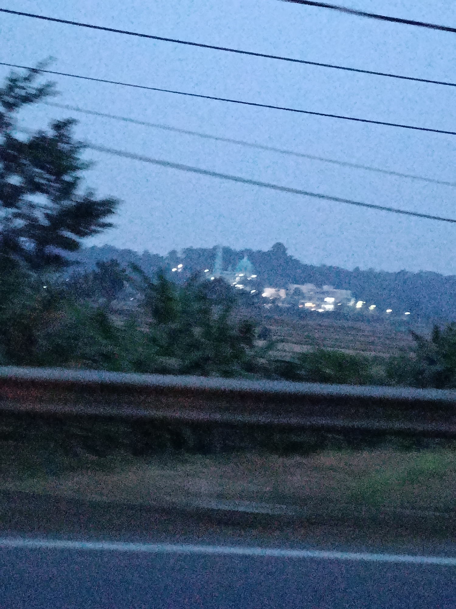 This is a horizontal, medium-shot, outdoor photograph taken in the city of Jonggol, Indonesia, likely at dusk or dawn. The image is blurry and grainy, with a somber color palette dominated by blues, grays, and dark greens. In the foreground, there is a dark, horizontal railing or barrier. Behind the railing, there is a grassy embankment. Further in the background, a distant hill is visible, dotted with lights that suggest buildings or structures. A large, solitary tree with dark foliage is on the left side of the image, partially obscuring the background. Overhead, several dark, thin wires stretch horizontally across the frame, indicating the presence of power lines or communication cables. The overall impression is one of a somewhat desolate and underdeveloped urban or suburban landscape.
