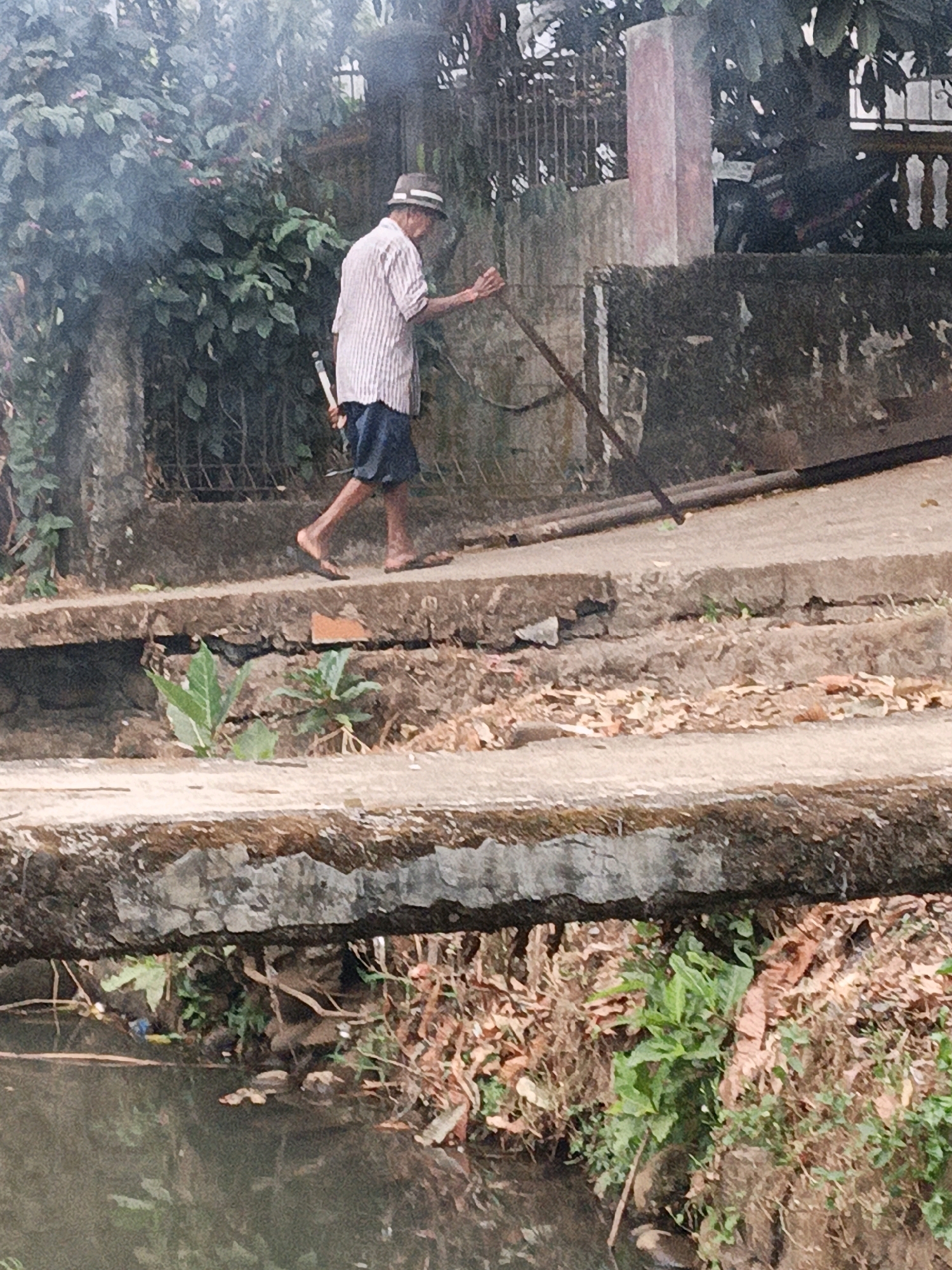 An elderly man wearing a striped shirt, dark shorts, and a hat walks along a concrete path. He is holding a long, thin pole, and appears to be carrying something white and cylindrical in his left hand. The man is walking from left to right across the image. To his left is a wall with vegetation growing on it, and to his right is a lower wall bordering a body of water. The path he is walking on is elevated above the water. In the background, there is a fence and more vegetation. The overall scene suggests a rural or semi-urban environment in Mangli, Indonesia.