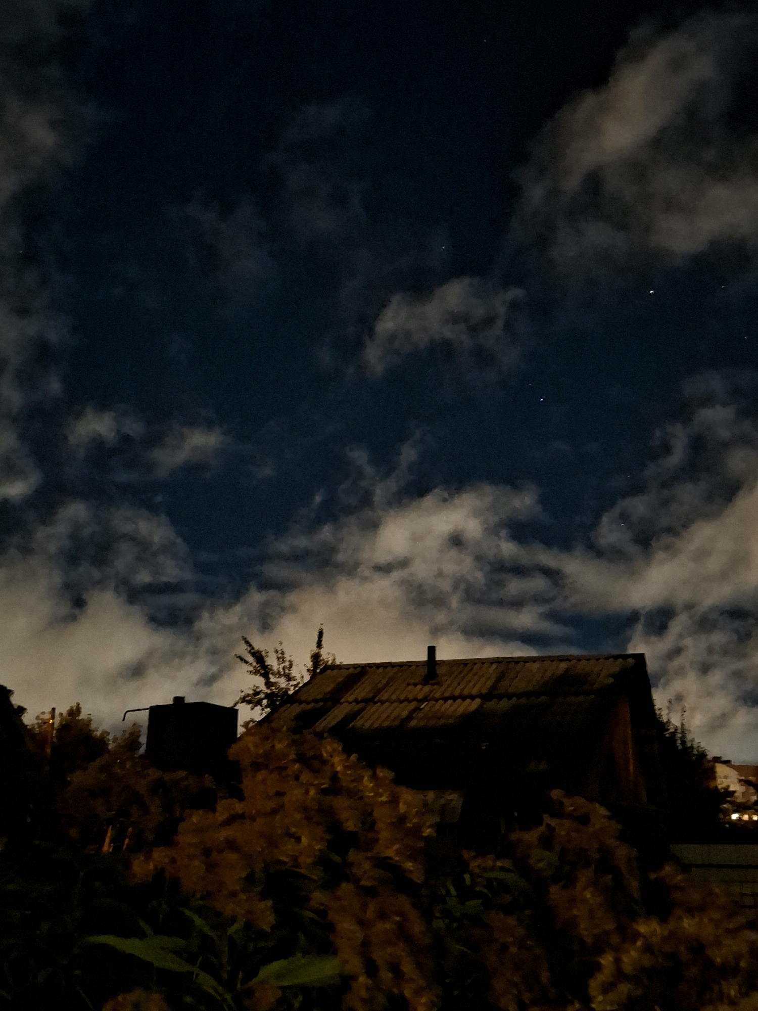 The image depicts a nighttime scene with a dark sky filled with scattered clouds and faint stars. In the foreground, silhouetted against the sky, is the roof of a building, possibly a house or shed, with a chimney. In front of the building, there are dark, leafy plants, some of which appear to be autumn foliage in shades of yellow and brown. To the left of the building, a dark, square structure, possibly a water tank, is visible. The overall impression is a quiet, rural or suburban setting at night. There is no discernible specific location in Tyumen, Russia indicated by the visual elements.