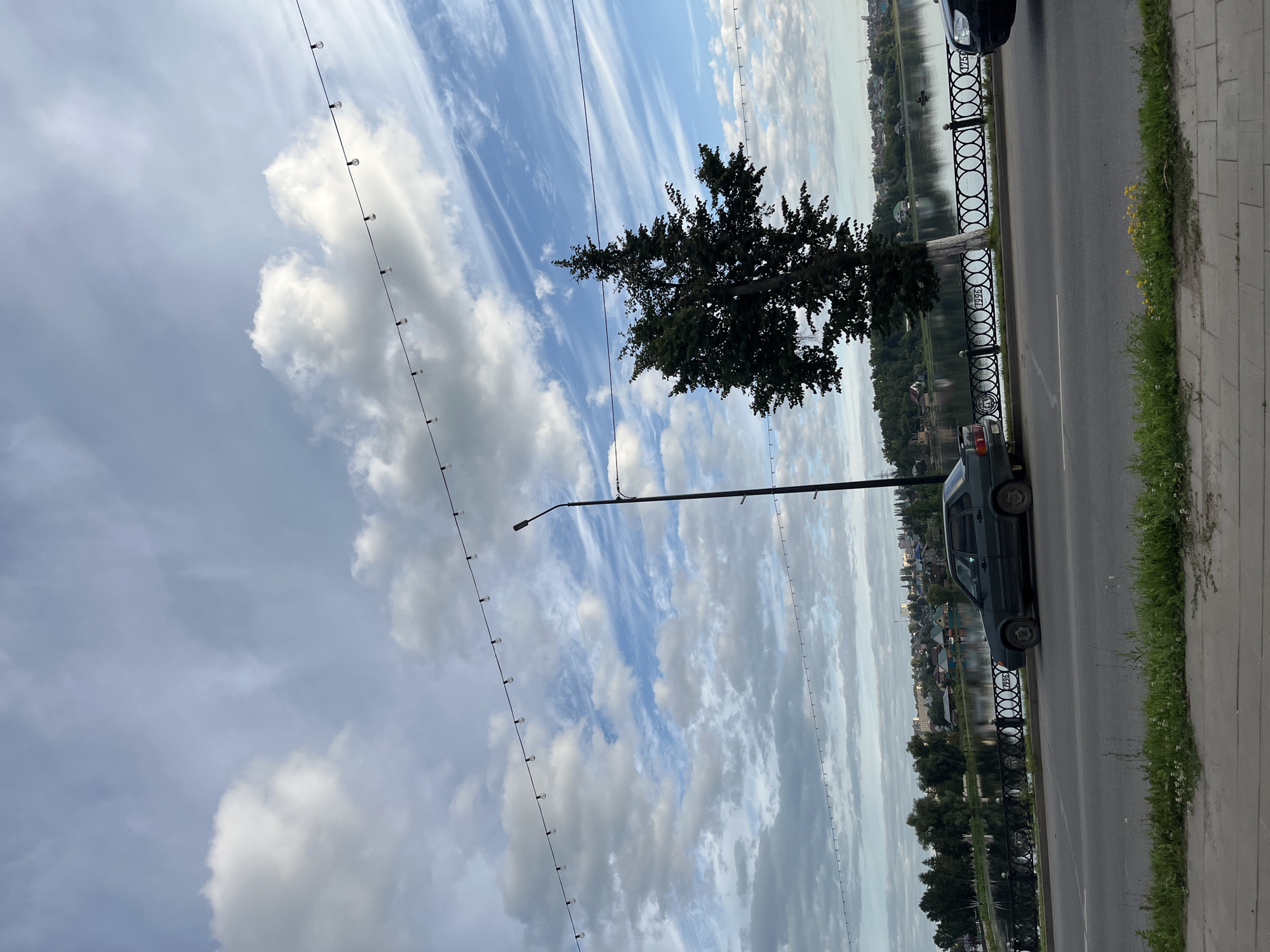 The image depicts a waterfront scene in Blagoveshchensk, Russia, likely during daylight hours with overcast skies. In the foreground, a two-lane asphalt road runs horizontally across the frame, with a paved sidewalk bordering the bottom. A line of green grass and sparse white and yellow wildflowers grows along the edge of the road.
To the left, a dark gray sedan is parked on the side of the road. Further to the right, a tall, dark green coniferous tree stands prominently. Behind the tree and the car, a decorative black metal fence with circular patterns separates the road from a body of water, likely a river or lake, which reflects the sky and the opposite shoreline.
The opposite shoreline is lined with trees and a town or village with numerous houses, many with visible roofs. The sky is a mix of light blue and gray clouds, with some streaks of cirrus clouds creating texture. Strings of small, clear light bulbs are strung across the upper portion of the image, suspended by thin wires, extending from left to right. A tall, black lamppost is also visible near the center of the frame, positioned behind the car and in front of the tree.
The overall atmosphere is calm and perhaps slightly cool, given the cloudy sky. There are no visible people in the immediate scene, though the presence of a town suggests inhabitants. The image captures a typical urban waterfront environment.