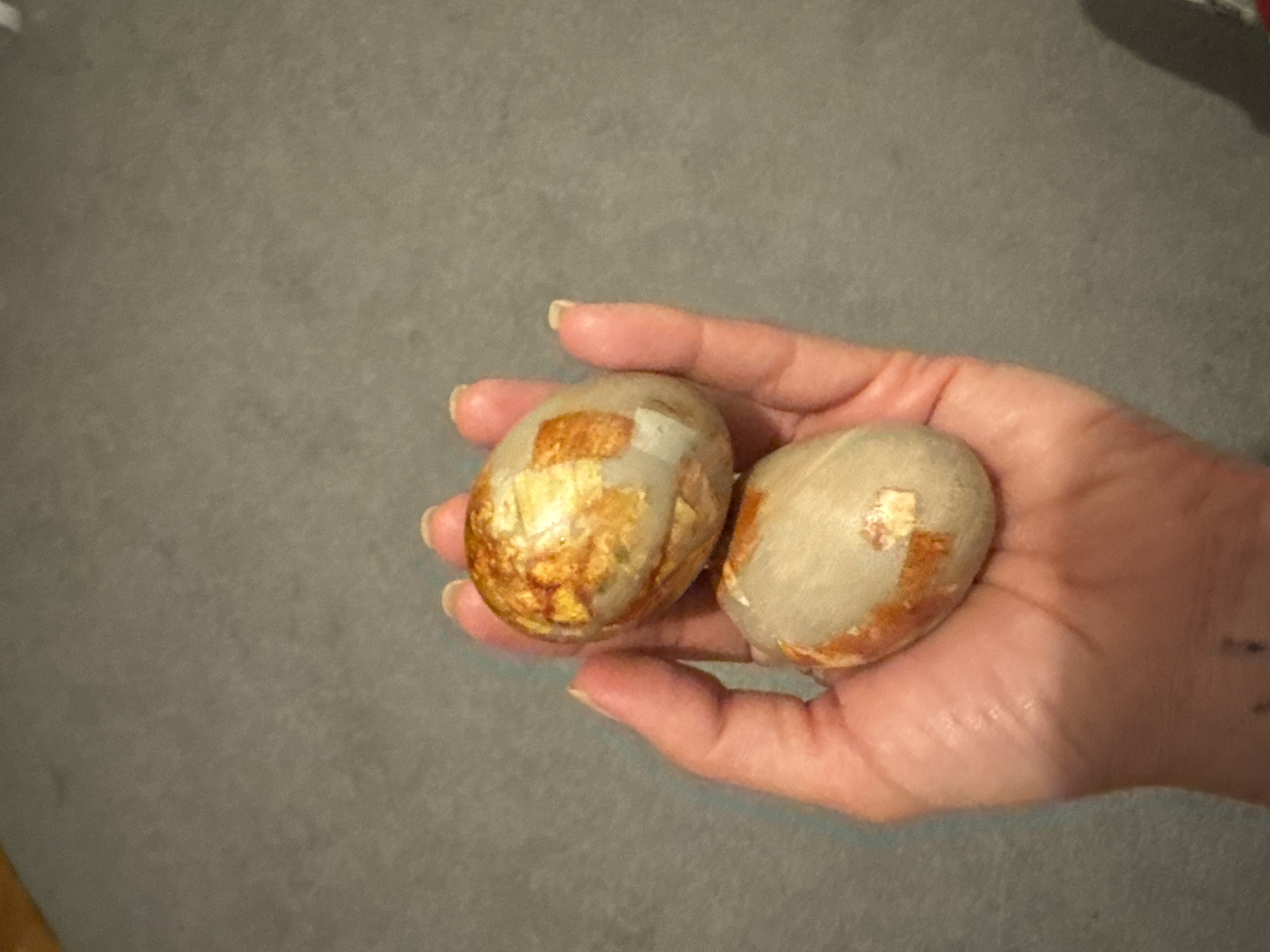 A hand holds two egg-shaped objects. The objects are mottled with a tan color, with darker, more reddish-brown patches. The hand is light-skinned. The background is a mottled gray surface. The location is unknown; there is no information in the image to indicate it is in Budva, Montenegro.